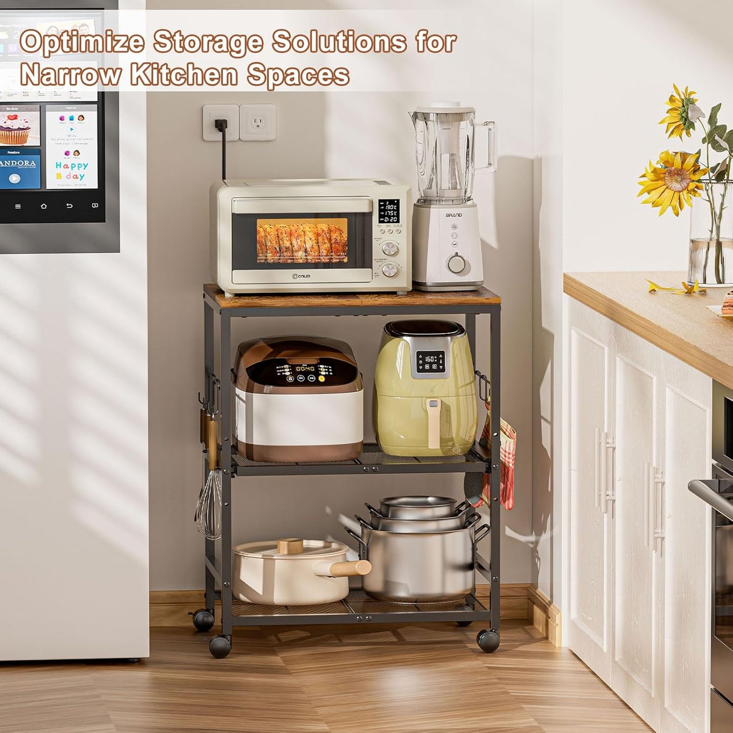 Microwave Cart with Adjustable Drawer Slider Shelves, 3 Tier Rolling Kitchen Microwave Stand with Storage, Small Kitchen Utility Cart on Lockable Wheels, Coffee Cart with Hooks