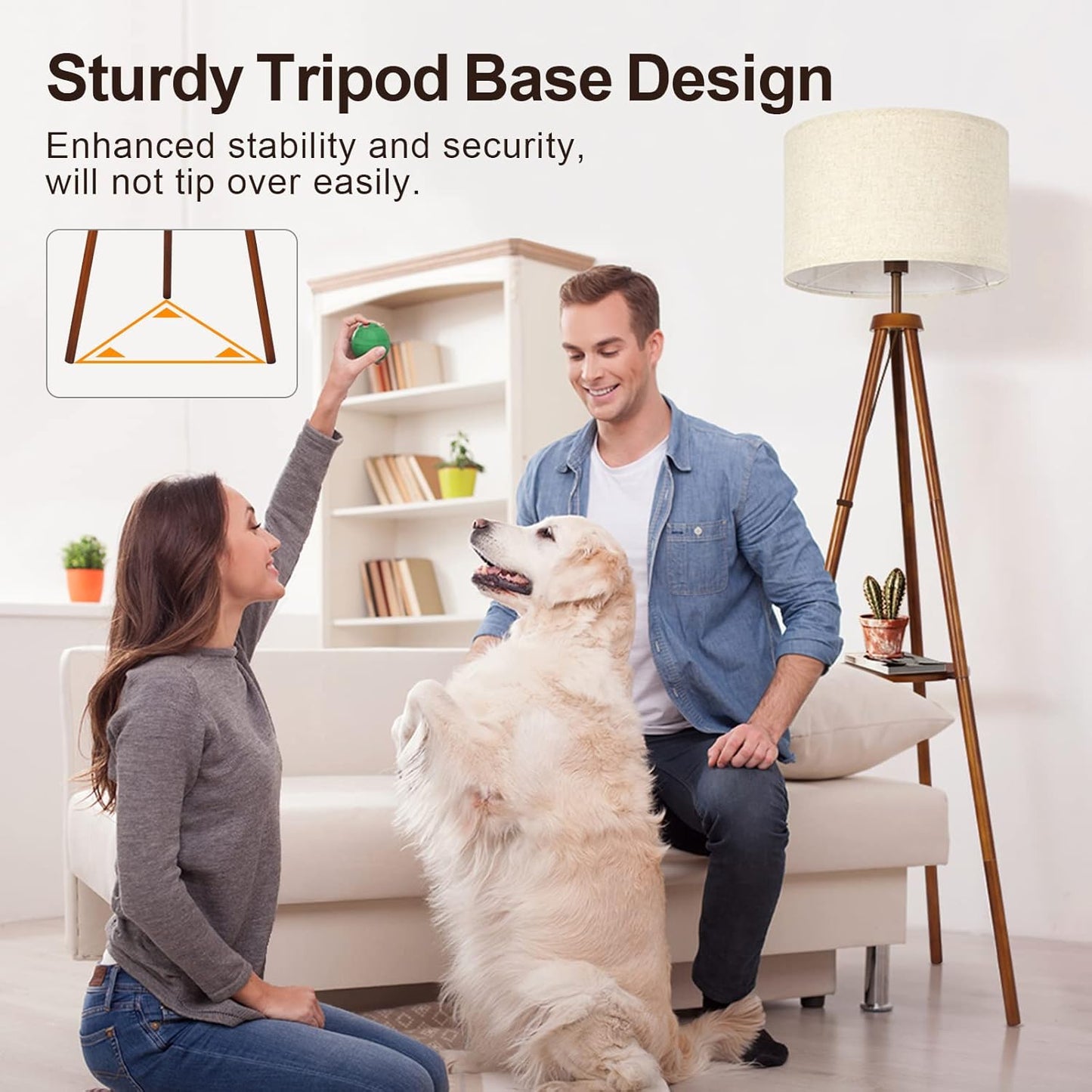 OUTON Wood Tripod Floor Lamp with Shelves, Mid Century LED Modern Dimmable Floor Lamp with Remote Control, Sturdy Tall Standing Lamp with Beige Linen Texture Shade for Living Room, Bedroom, Office