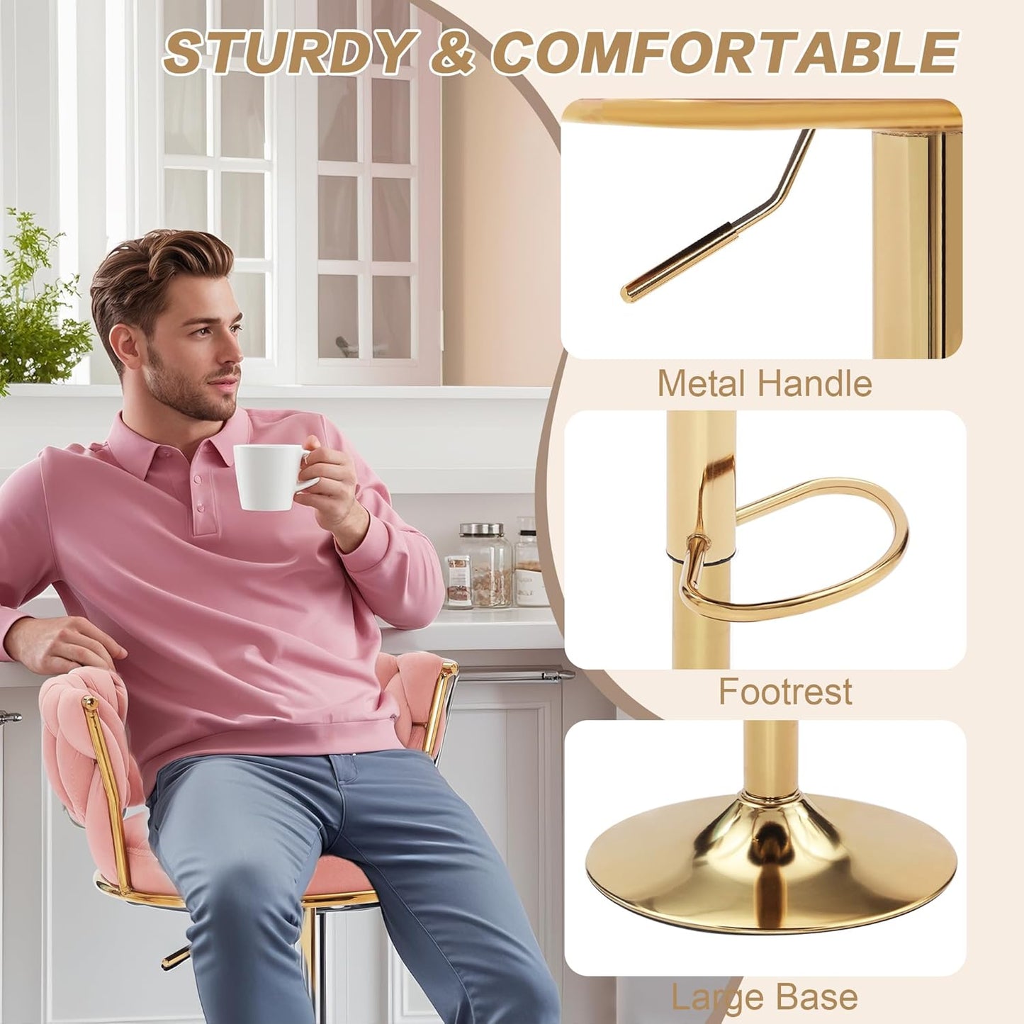 VECELO Bar Stools Set of 2, Adjustable Barstools Counter Height Stools with Back and Arm, Velvet Woven Kitchen Island Stools w/Gold Metal Leg & Base, 360° Swivel Bar Chair, Pink