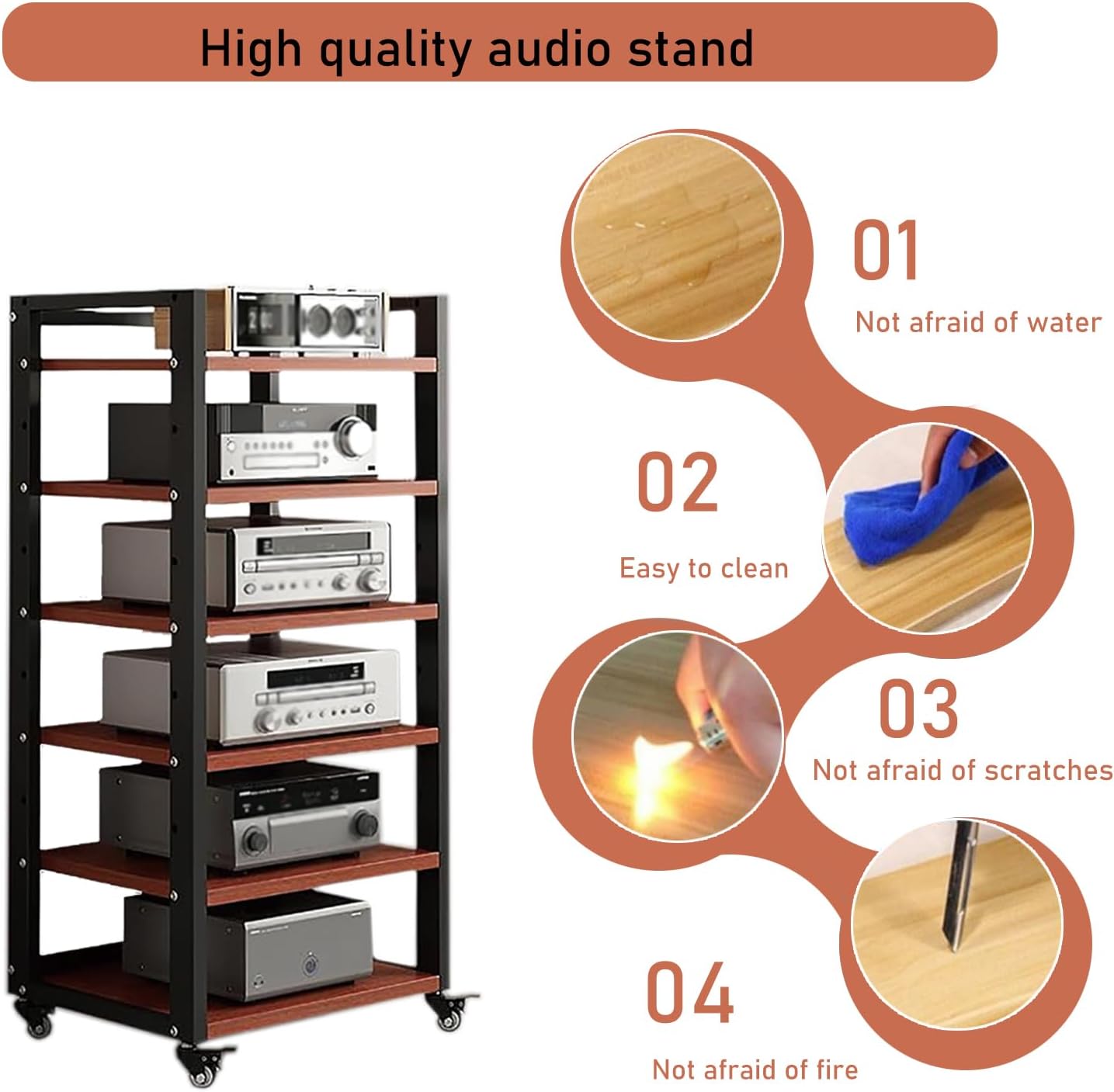 6 Tier Audio Rack Tower, CD Record Player Stereo Receiver AV Equipment Cabinet Display Rack, Weight capacity 661 lbs, with Adjustable Wooden Shelves for Home (TEAKWOOD, 6 TIER 47×19.7×15.7IN)