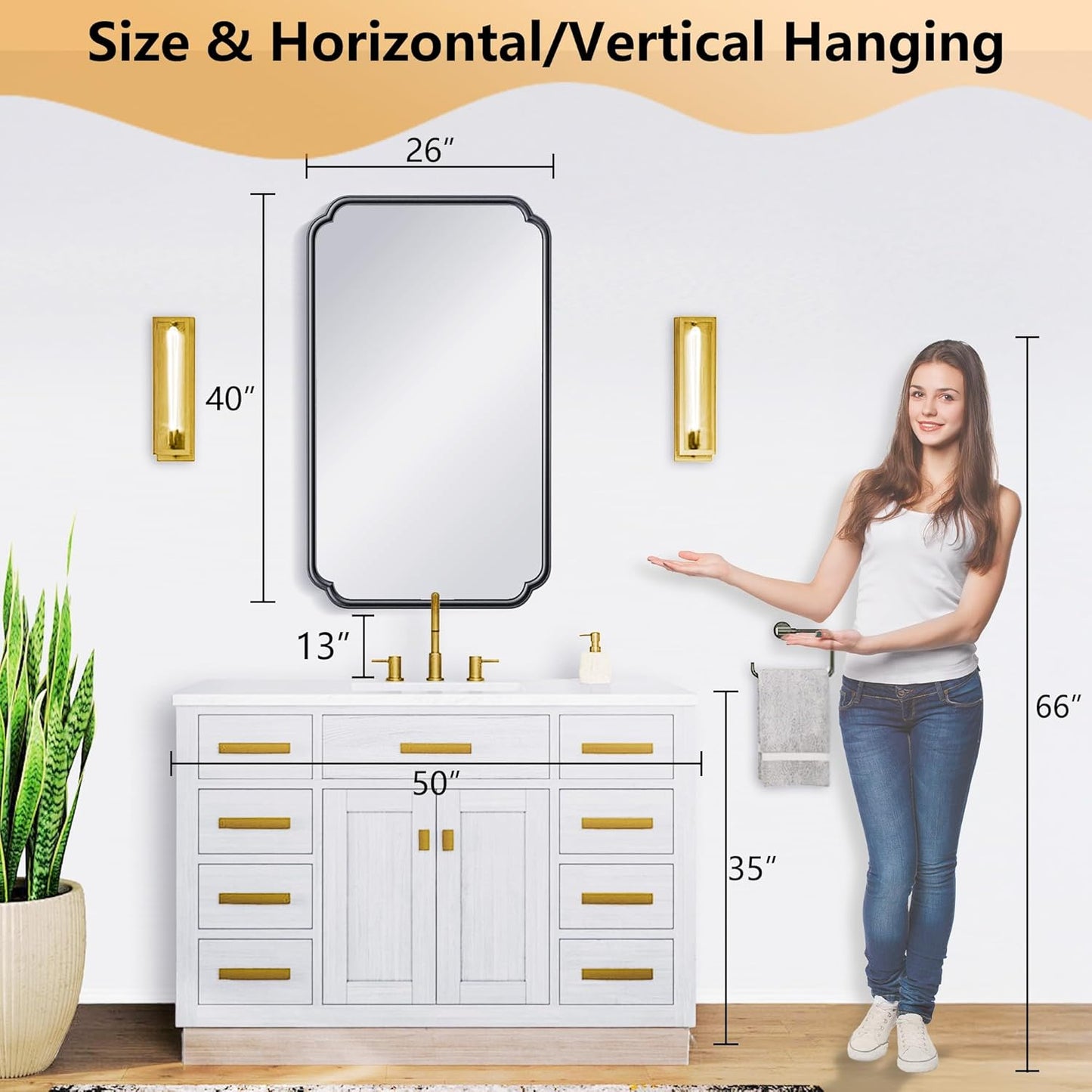 26"x40" Rustproof Bathroom Mirror Black, Round Corner Metal Frame Wall Mirror, Horizontal/Vertical Hanging Over Sink, Bedroom Bathroom Decor