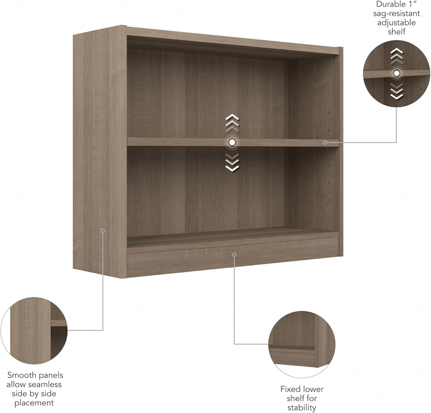 Bush Furniture Universal Small 2 Shelf Bookcase in Ash Gray