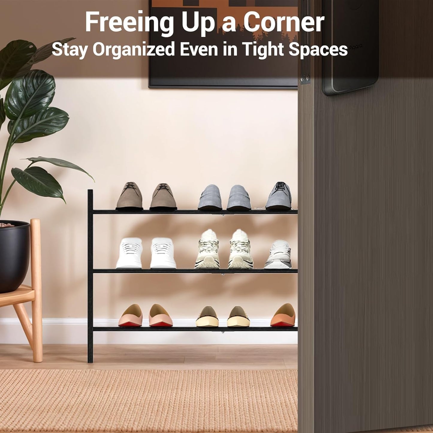 Haddockway Bamboo Shoe Rack for Closet, Free Standing Shoe Organizer with Smooth Round Rods & Convenient Handles, Stackable Shoe Storage Shelf for Entryway, Hallway(Black, 3-Tier)