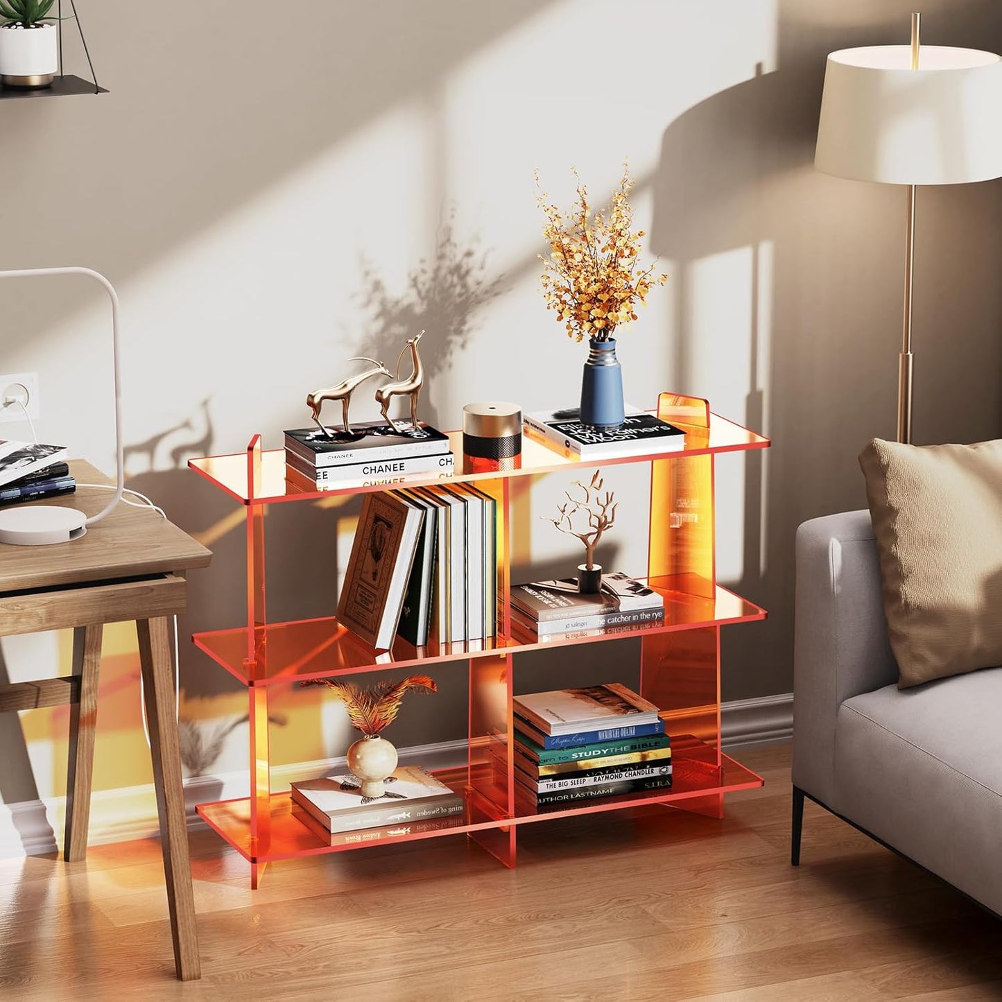 Acrylic Bookshelf, Small 3 Tier Open Bookcase for Small Spaces,Sofa Table, Hallway Entry Table for Home Living Room (Orange, 39.4'' x 11.8'' x 31.5'')
