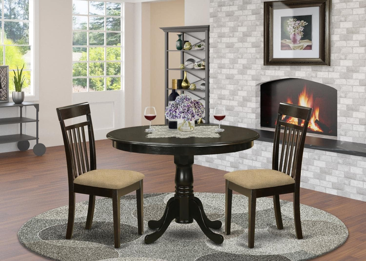 East West Furniture HLCA3-CAP-C 3 Piece Modern Dining Table Set Contains a Round Wooden Table with Pedestal and 2 Linen Fabric Upholstered Dining Chairs, 42x42 Inch, Cappuccino