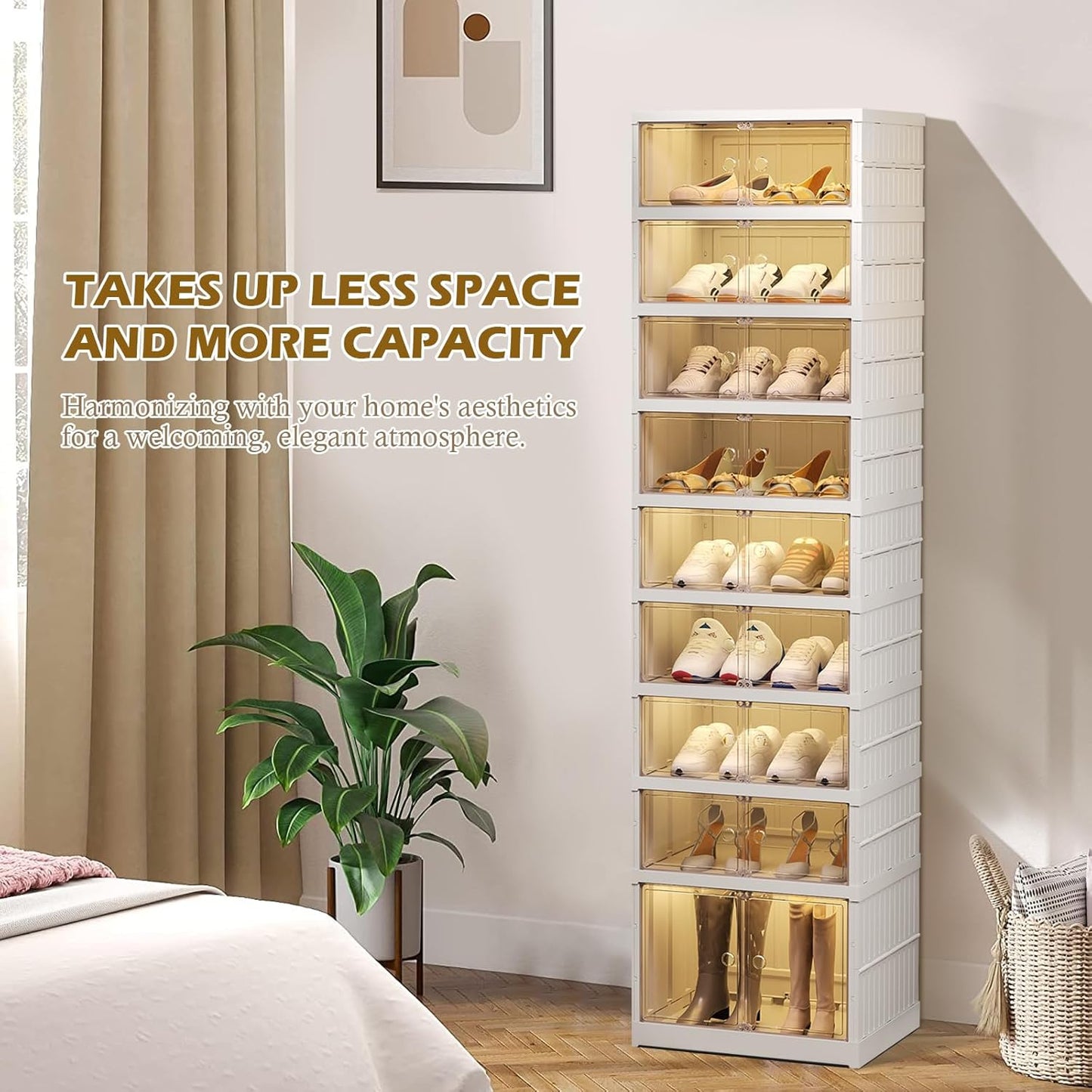 ELPHECO 9 Tier 18 Pairs Shoe Rack Organizer Foldable Sneaker Cabinet Bins, Stackable Shoe Storage Shelf, Collapsible Shoe Cabinet with Double Doors for Entryway