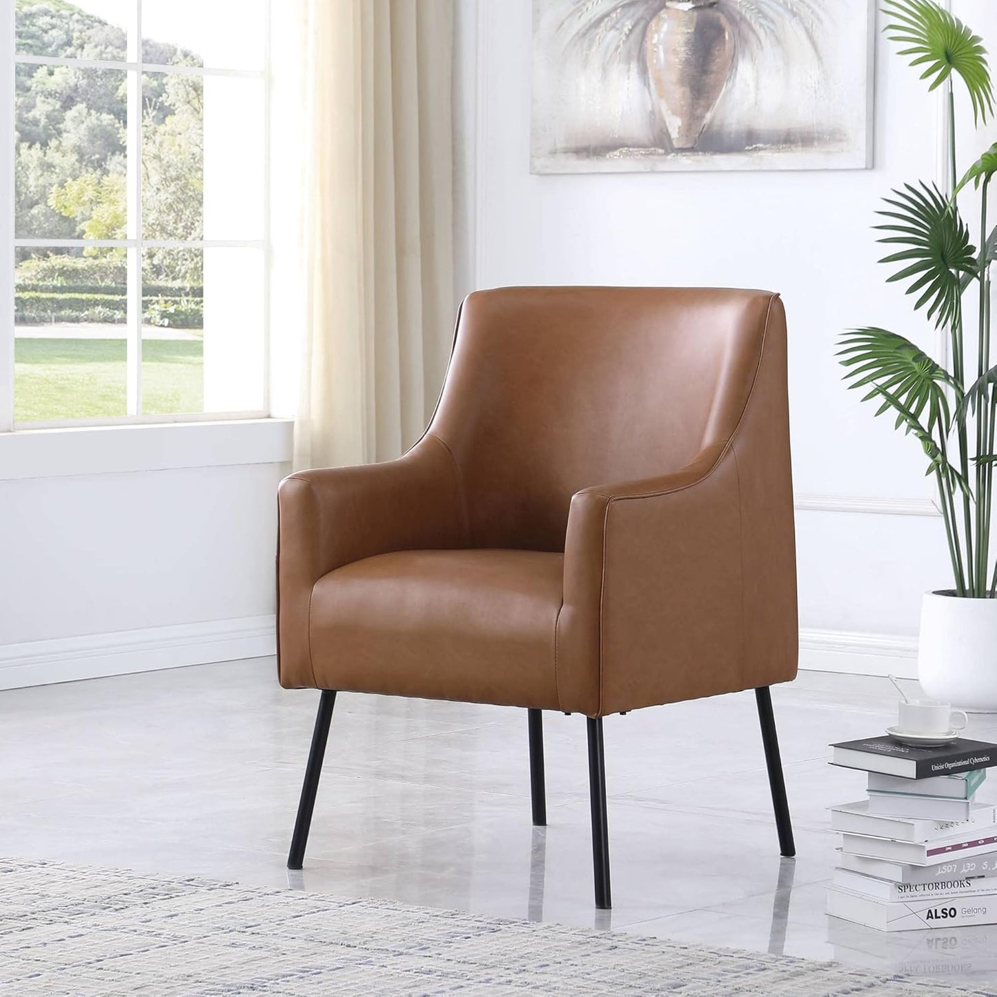HomePop Modern Accent Chair, Home Décor, Accent Chairs for Living Room & Bedroom, Fabric Reading Living Room Side Chair, Single Sofa with Lounge Seat and Metal Legs- Carmel Faux Leather