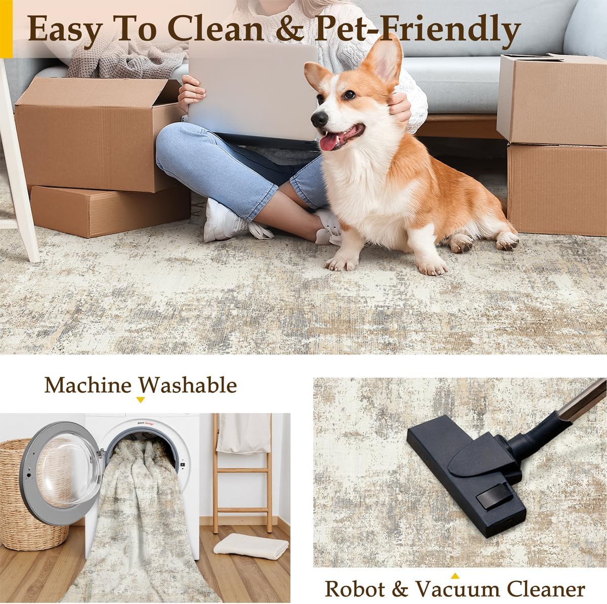 10x12 Washable Area Rug Gold Grey Neutral Abstract Living Room Bedroom Large Throw Rug Non Slip Soft Low Pile Indoor Floor Carpet for Dining Room Kitchen Office Entryway