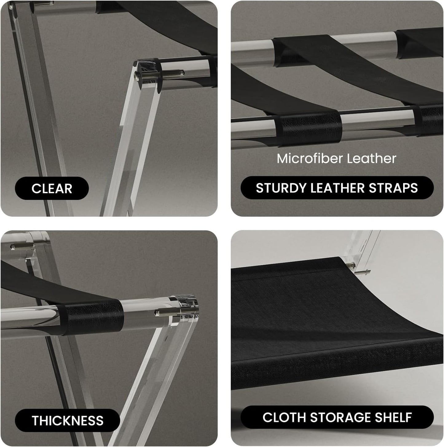 Sumerflos Acrylic Luggage Rack for Guest Room - Foldable Suitcase Stand with Leather Straps for Bedroom Living Room Hotel Heavy-Duty, Holds up to 50-100 lb lightweight Space Saving (Black & Shelf - 1 Pcs)