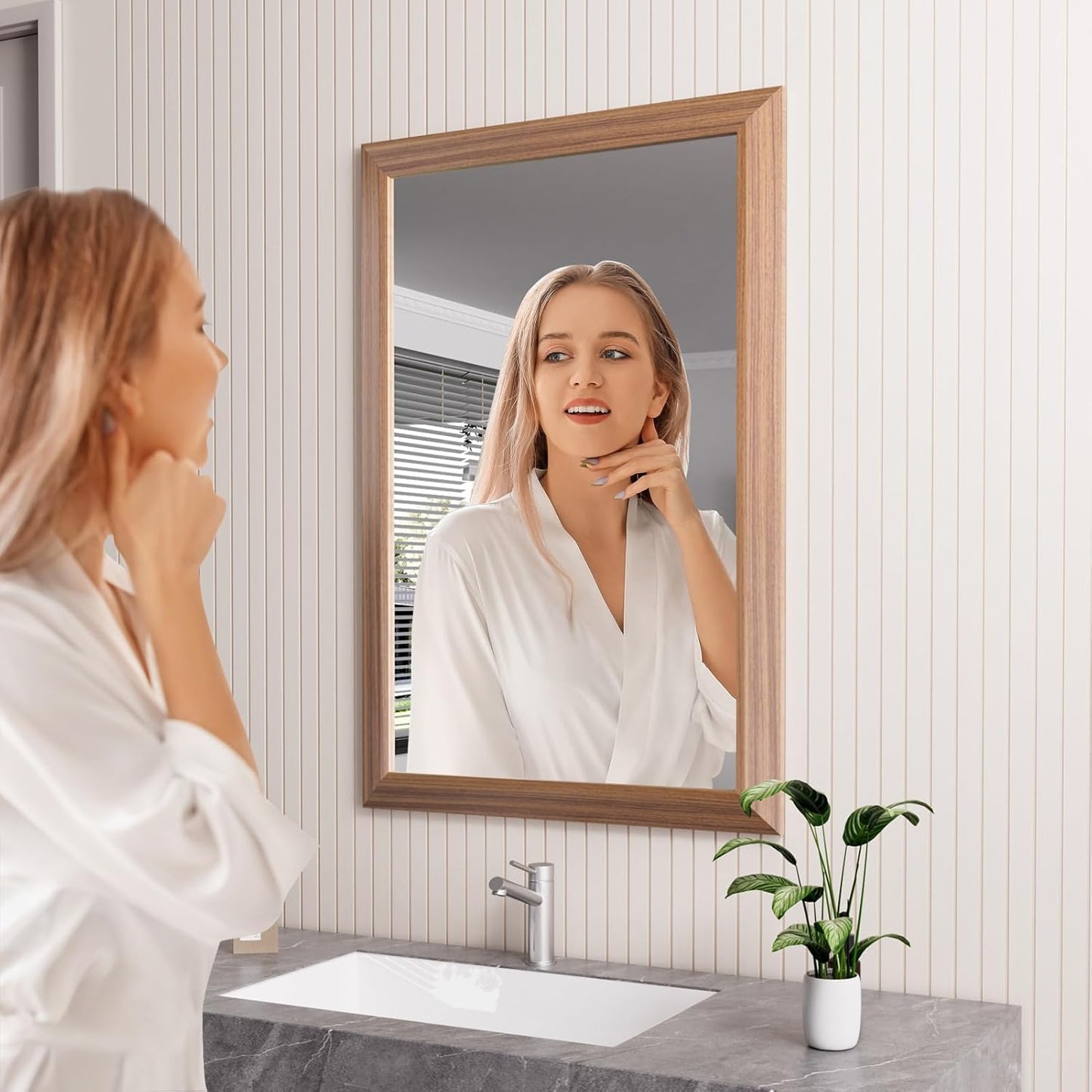 Amorho 24x36 Inch Bathroom Mirror for Wall, Walnut Wood Grain Metal Framed Mirror, Anti-Rust, Hang Horizontally/Vertically, Suitable for Bedroom, Farmhouse, Bathroom, Decorative