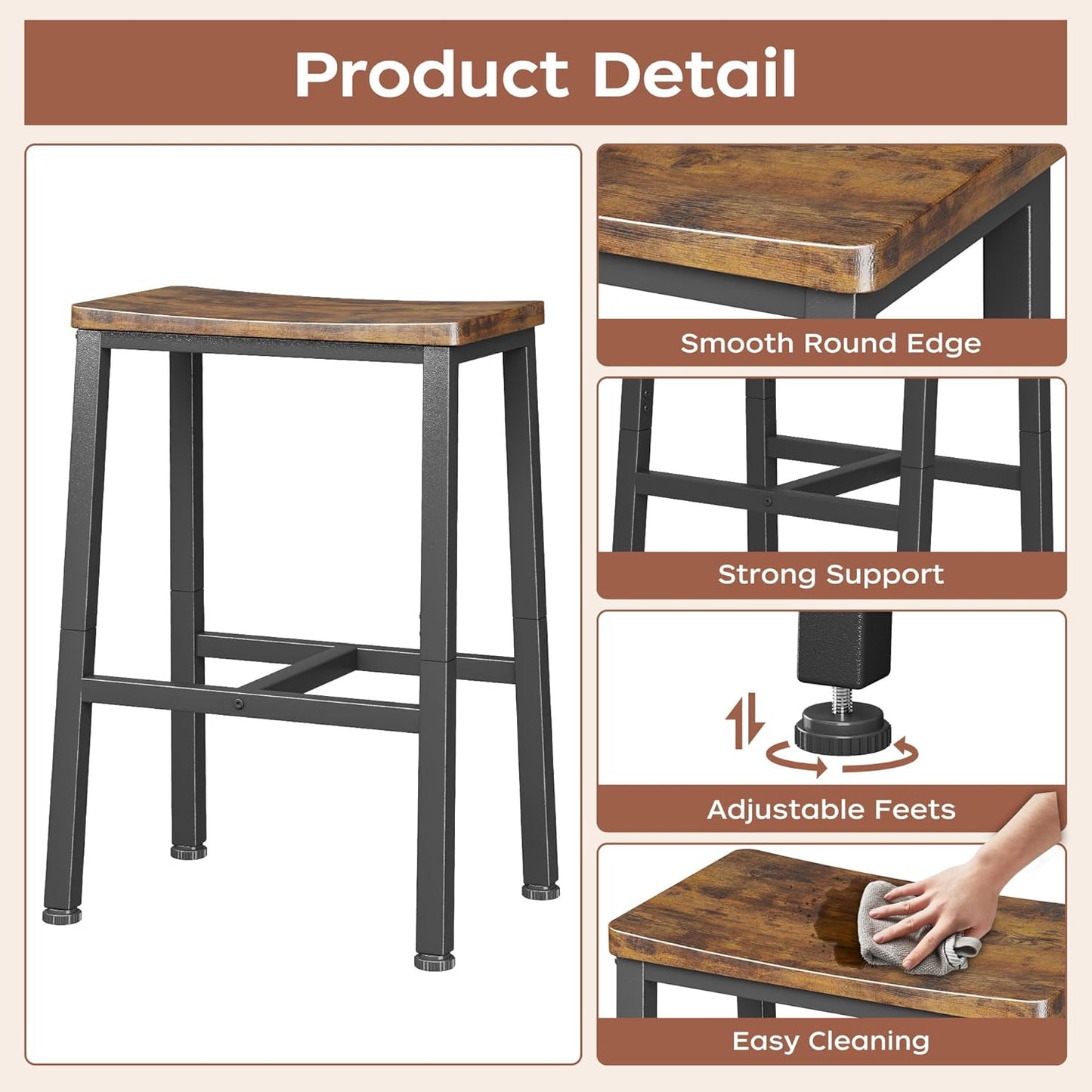 Homeiju Bar Stools, Counter Height Bar Stools Set of 2, 23.6 Inch Saddle Stools with Footrests, Industrial Kitchen Counter Seat for Dining Room, Kitchen, Counter, Rustic Brown