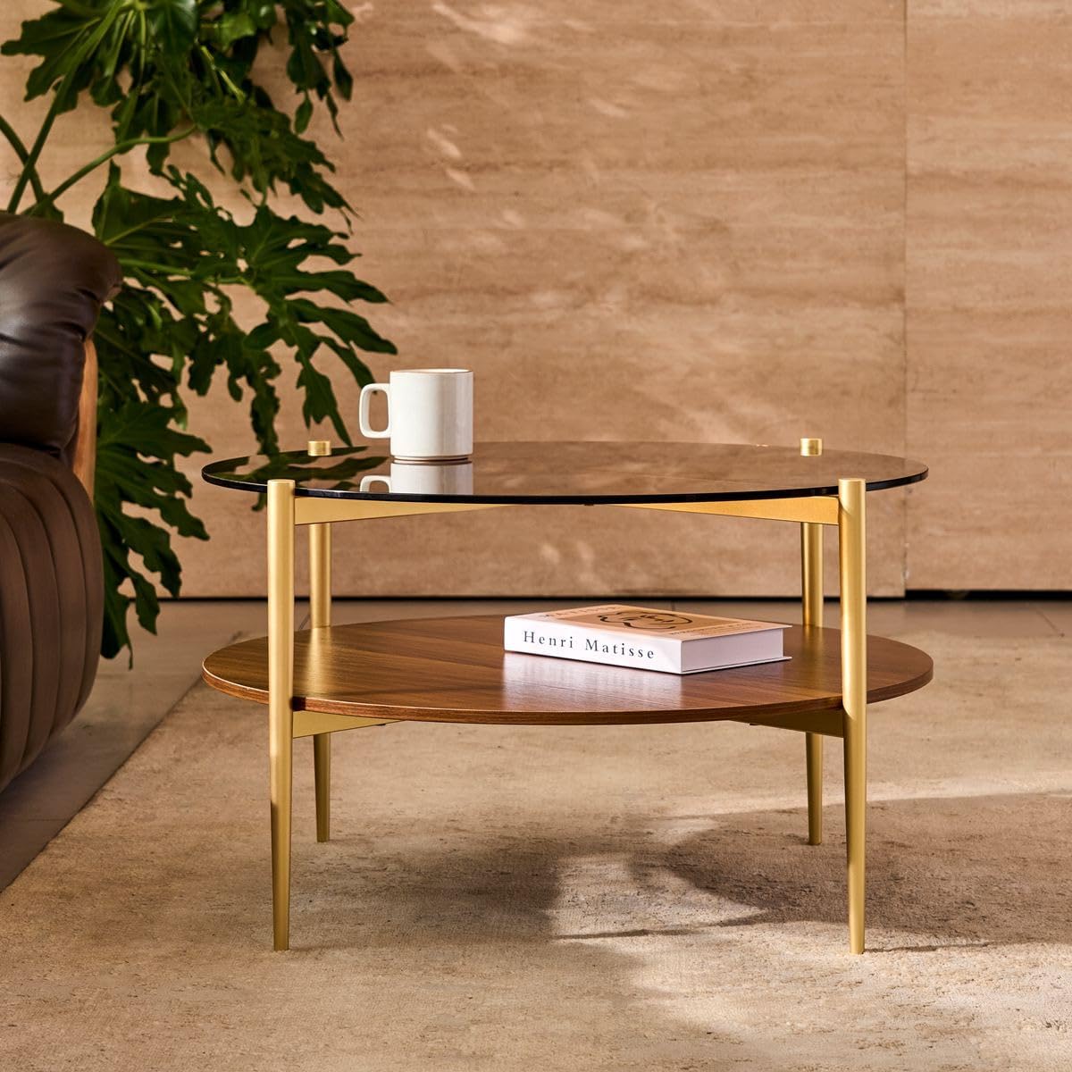 AGV LIGHTING Round Glass Coffee Table, Mid-Century Modern Coffee Table for Living Room, Glod Coffee Table, Amber Glass Top & Walnut Wood Shelf