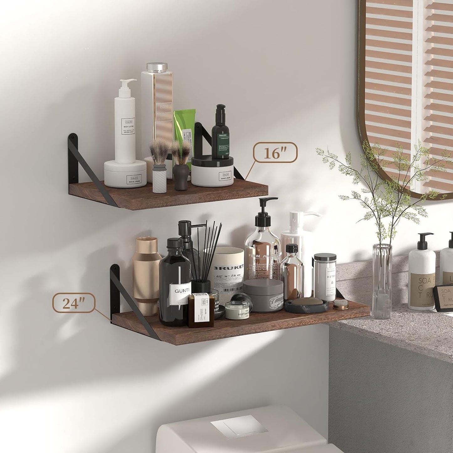 SAUMONIERES Floating Shelves Bookshelf for Bedroom Bathroom Living Room Wood Wall Mounted Wide Deep Storage, Rustic Brown Shelves Set of 2