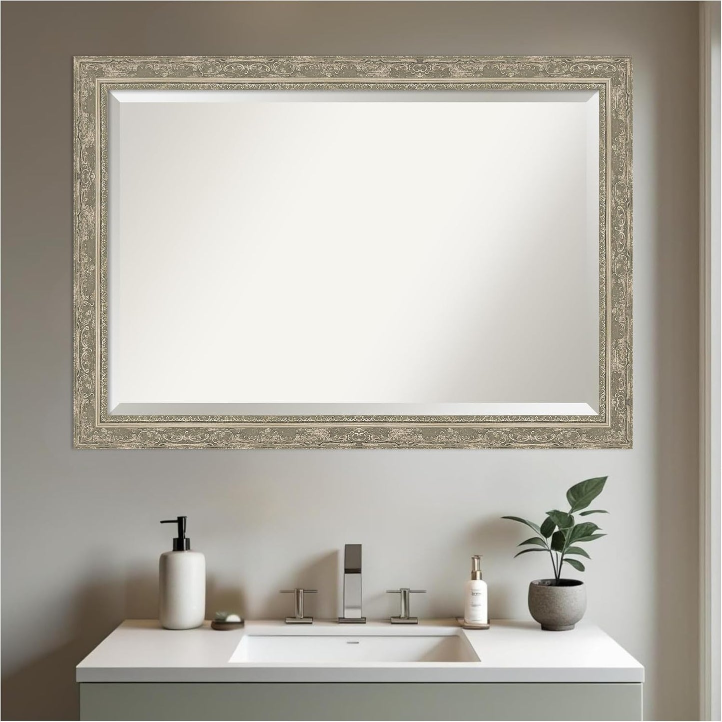 Amanti Art Bathroom Mirror for Over Sink, 29x41 Filigree Silver Rectangle Vanity Mirror, Large Traditional Frame, Hangs Horizonally and Vertically, Bathroom Wall Decor, Beveled Edge