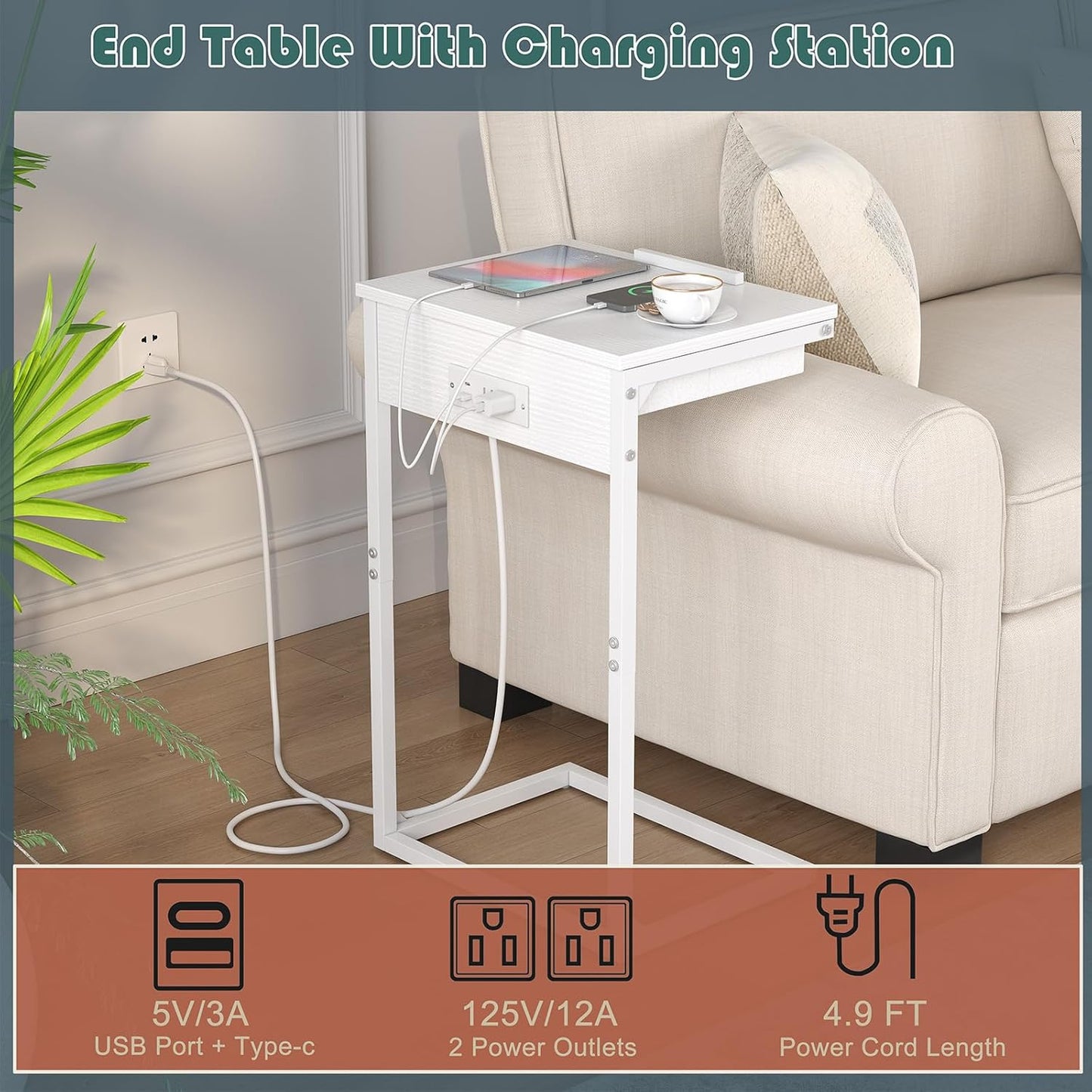 C Shaped End Table with Charging Station, 45° Tiltable Adjustable Flip Top Side Table with Storage,Small C Table for Small Spaces,Slide Under Couch Sofa Bedside Table for Living Room,White