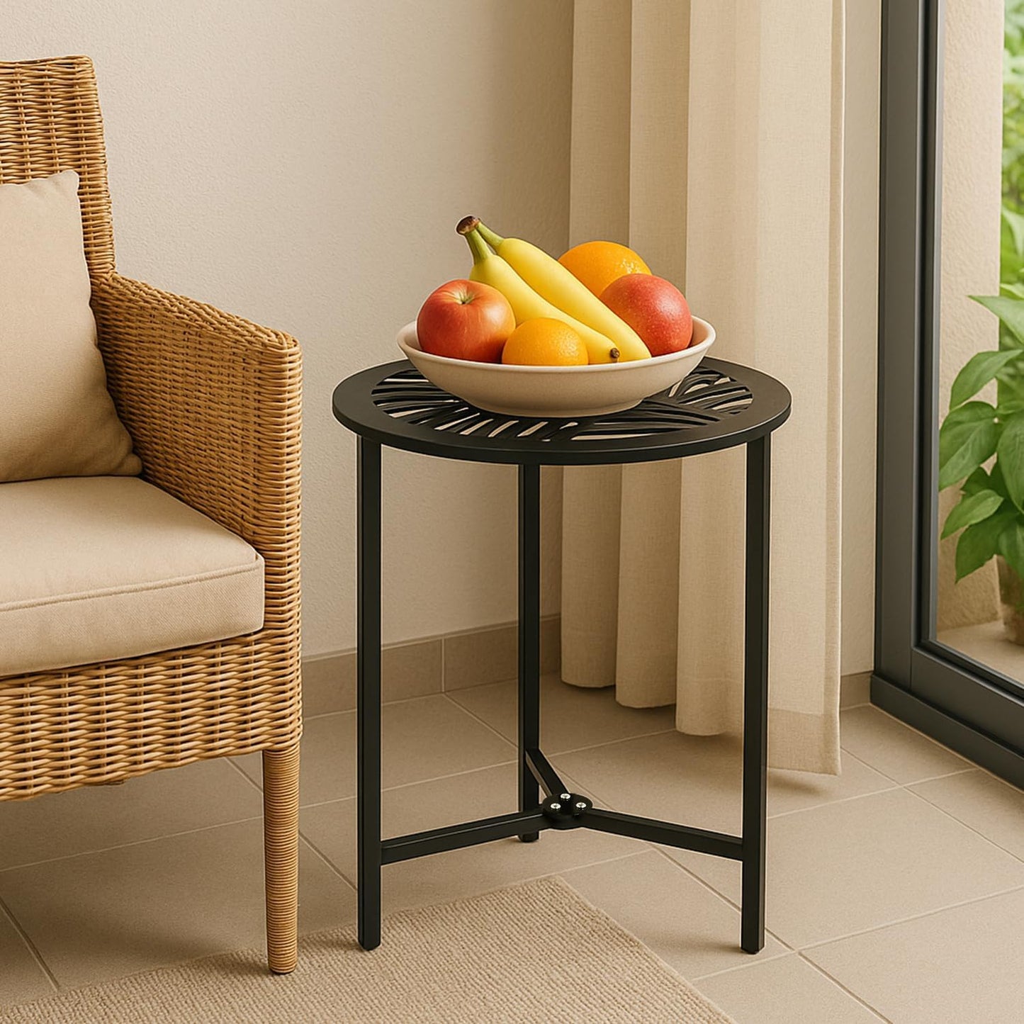 2 Packs 13" Metal Outdoor Side Tables Small Black Outside End Table for Patio Round Accent Corner Stand for Small Spaces Weather-Resistant Coffee Table for Balcony Porch Plant Stand, Pinna Form Leaf