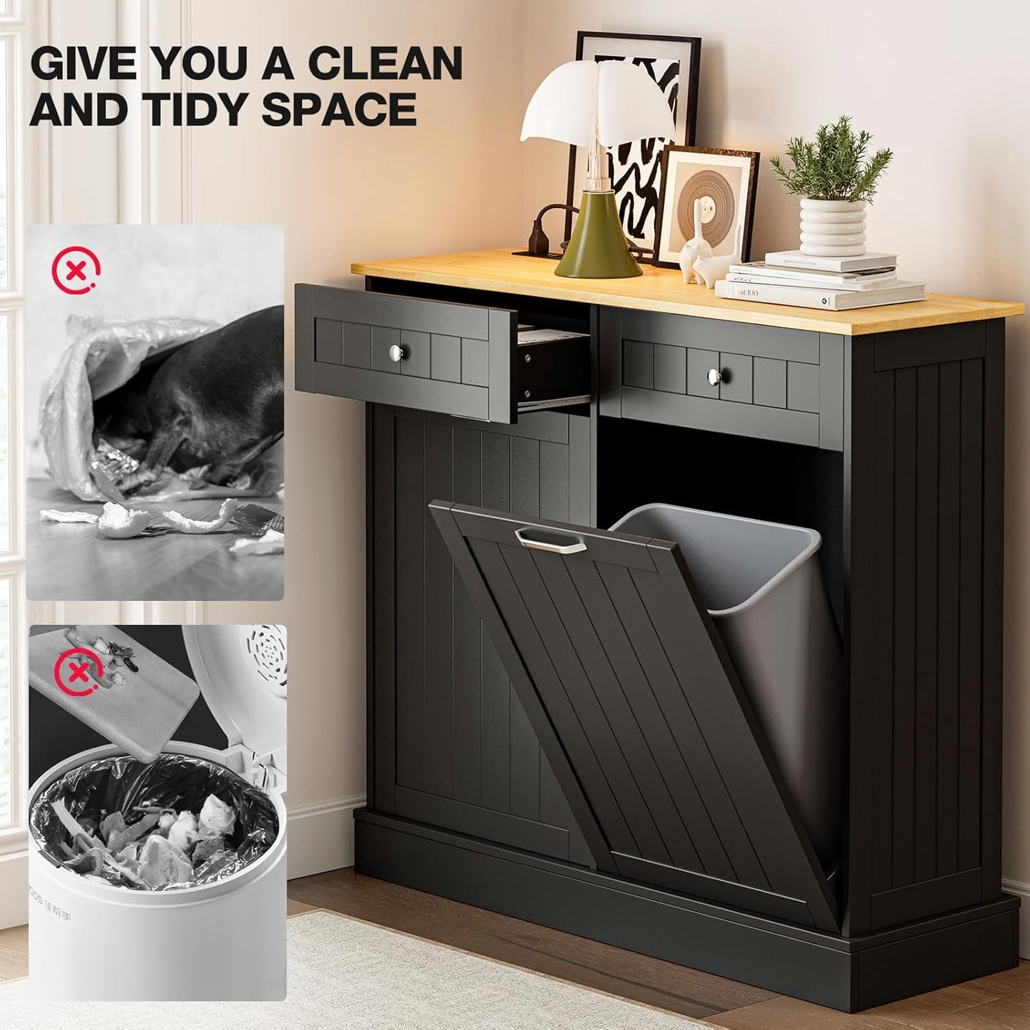 GAZHOME 20 Gallon Double Tilt Out Wooden Trash Cabinet with Charging Station, Upgrade Free Standing Recycling Cabinet with Outlet,Black