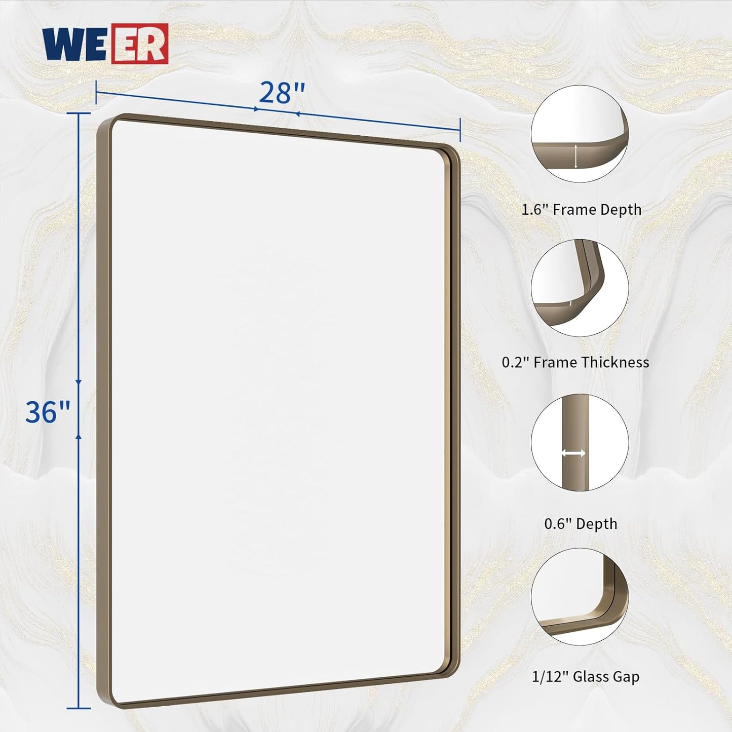 WEER 28x36 Inch Bronze Bathroom Mirror for Vanity, Brushed Bronze Metal Frame Mirror for Wall, Rounded Rectangle Bronze Frame Mirror with Tempered Glass, Anti-Rust (Horizontal/Vertical)