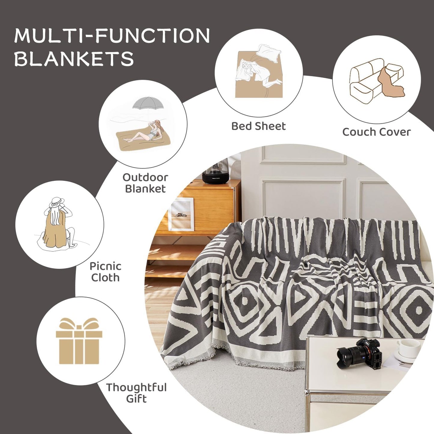 STACYPIK Simple Dark Grey Boho Sofa Cover for Sectional Soft Tassel Chenille Couch Cover for 3 Cushion Couch Reversible Loveseat Cover for Dogs Cats Non-Silp Furniture Cover Multi-Use Blanket-91x150IN