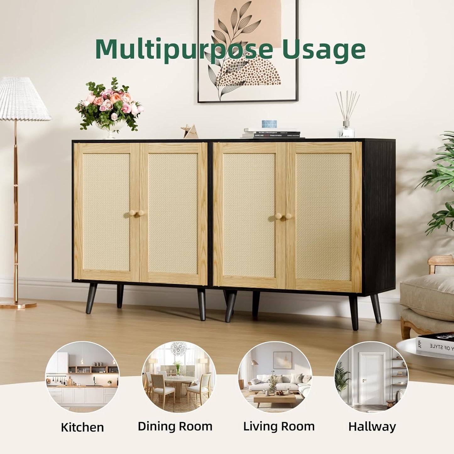 Set of 2 Rattan Sideboard Buffet Cabinets, Accent Cabinets with Adjustable Shelves & Rattan Doors, Ideal for Kitchen & Entryway Storage, Black