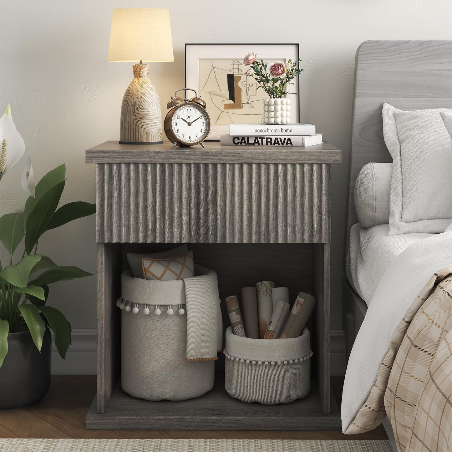 Fluted Nightstand, 22.8" Wide Nightstands with Drawer Storage Large Wood BedsideTable Night Stand for Bedroom, Grey Oak