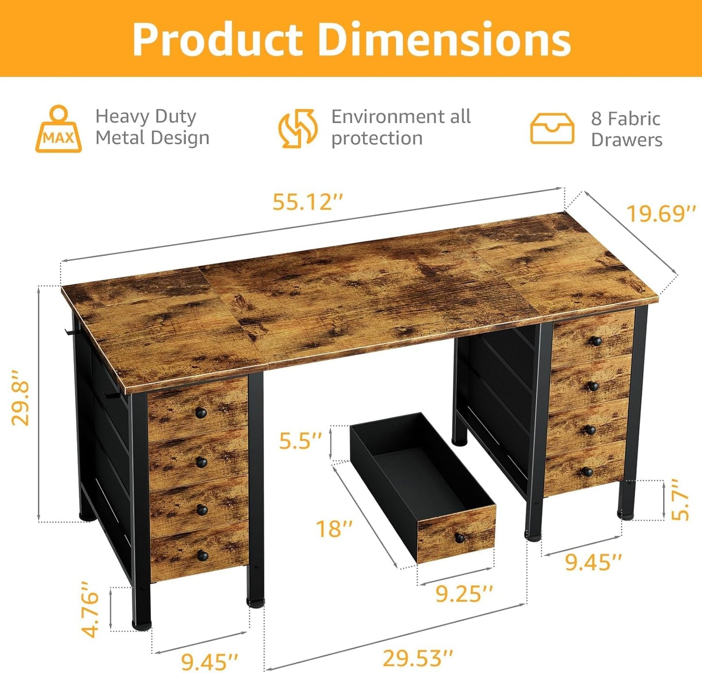 Home Office Desk with Drawers for Storage - 55 inch Computer Desk with 8 Fabric Drawer, Writing Study Work Desks with Drawers on Both Sides for Bedroom