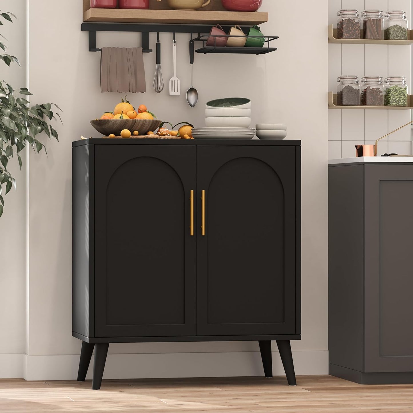 Rovaurx Rattan Storage Cabinet with Doors, Accent Bathroom Floor Cabinet, Modern Sideboard Buffet Cabinet for Living Room, Entryway, Dining Room and Kitchen, Black BMGZ108B