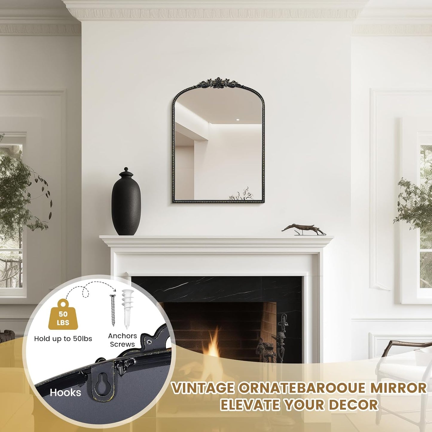 WallBeyond Gold Vintage Mirror for Vanity 22x30 Inch, Black Antique Mirror with Ornate Frame, Arched Vintage Wall Mirror for Bathroom, Living Room, Fireplace, Entryway