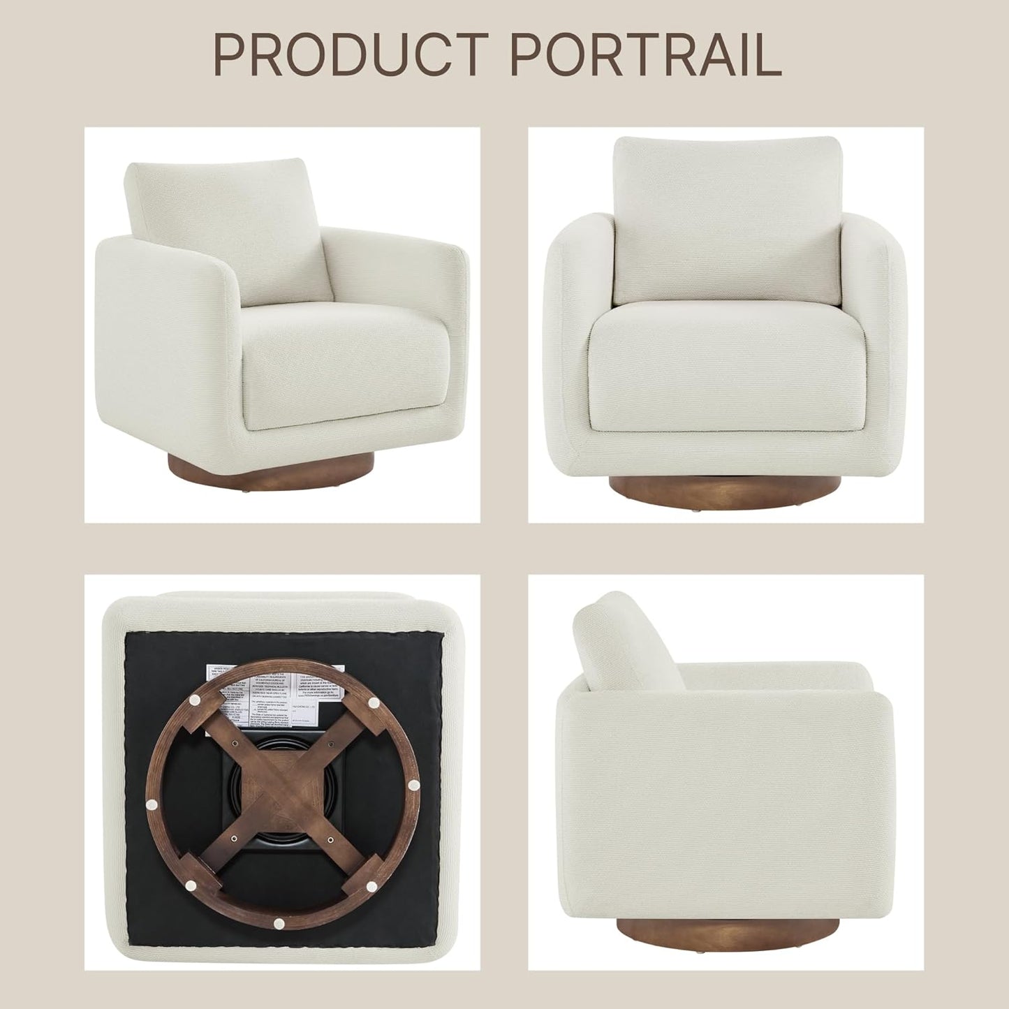 Modern Swivel Accent Chair, 360° Rotating Round Barrel Armchair with Performance Fabric Upholstery for Living Room, Bedroom, Office, Reading Nook, Single,Cream