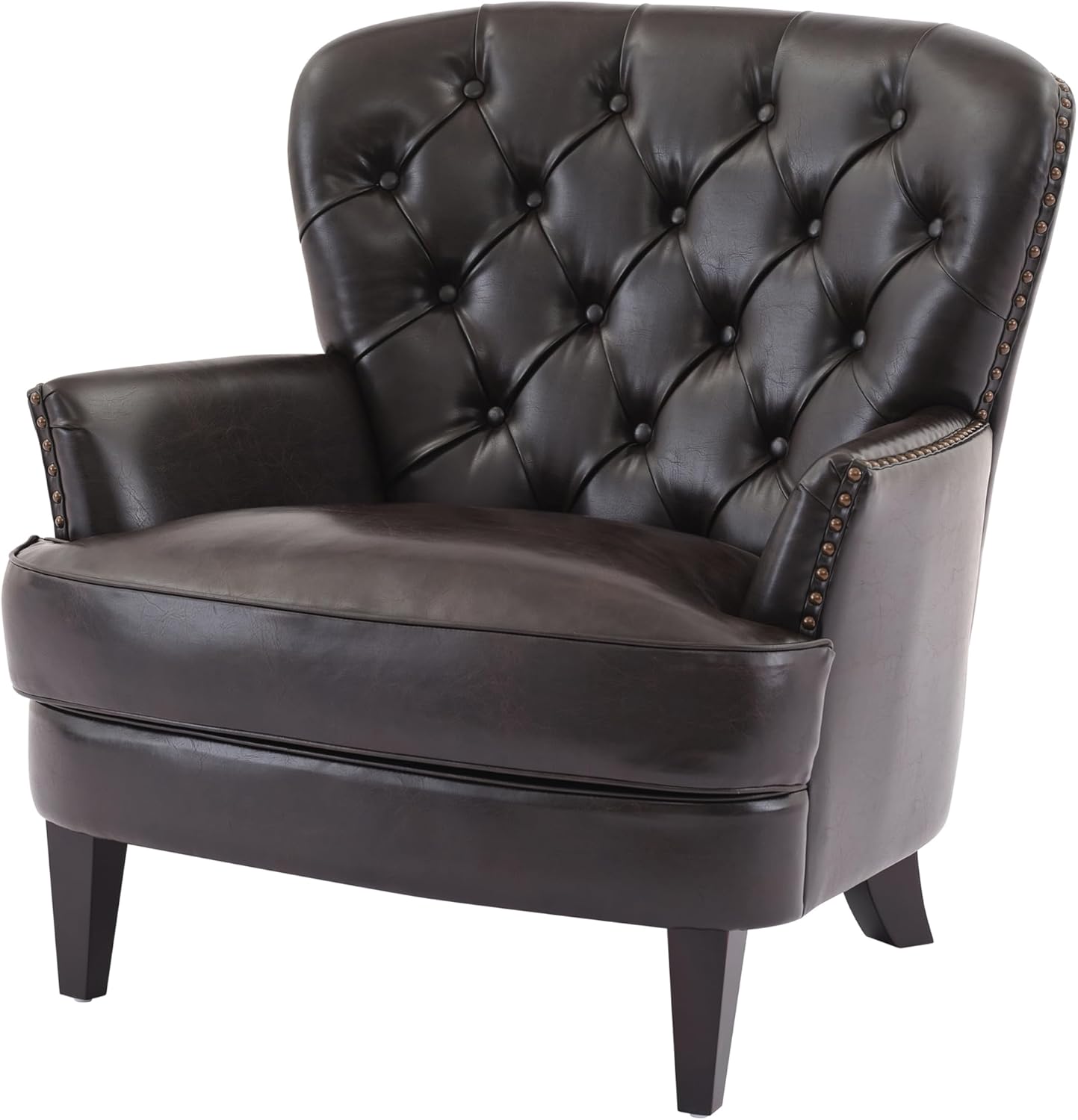 Ball & Cast Accent Chair,Mid-Century Lounge Living Room Chairs with Button Tufting,Upholstered Reading Accent Chair W/Solid Wood Legs and Curved Backrest,for Bedroom,Apartment,Dark Brown