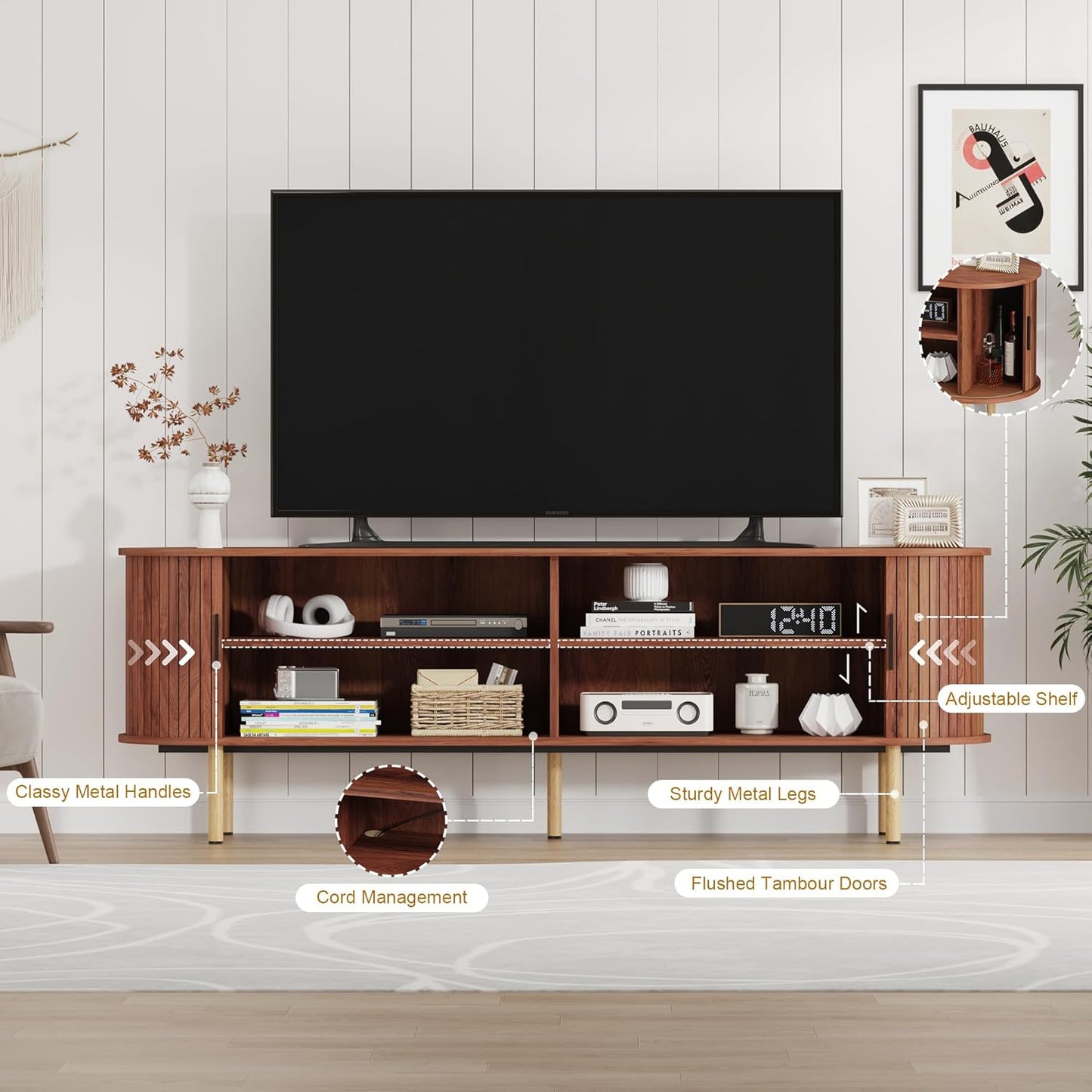 70.1" TV Stand, Modern TV Console Table with Storage Compartment and Sliding Door, Gaming Entertainment Center with Cabinet for Living Room, Bedroom, Office, Walnut