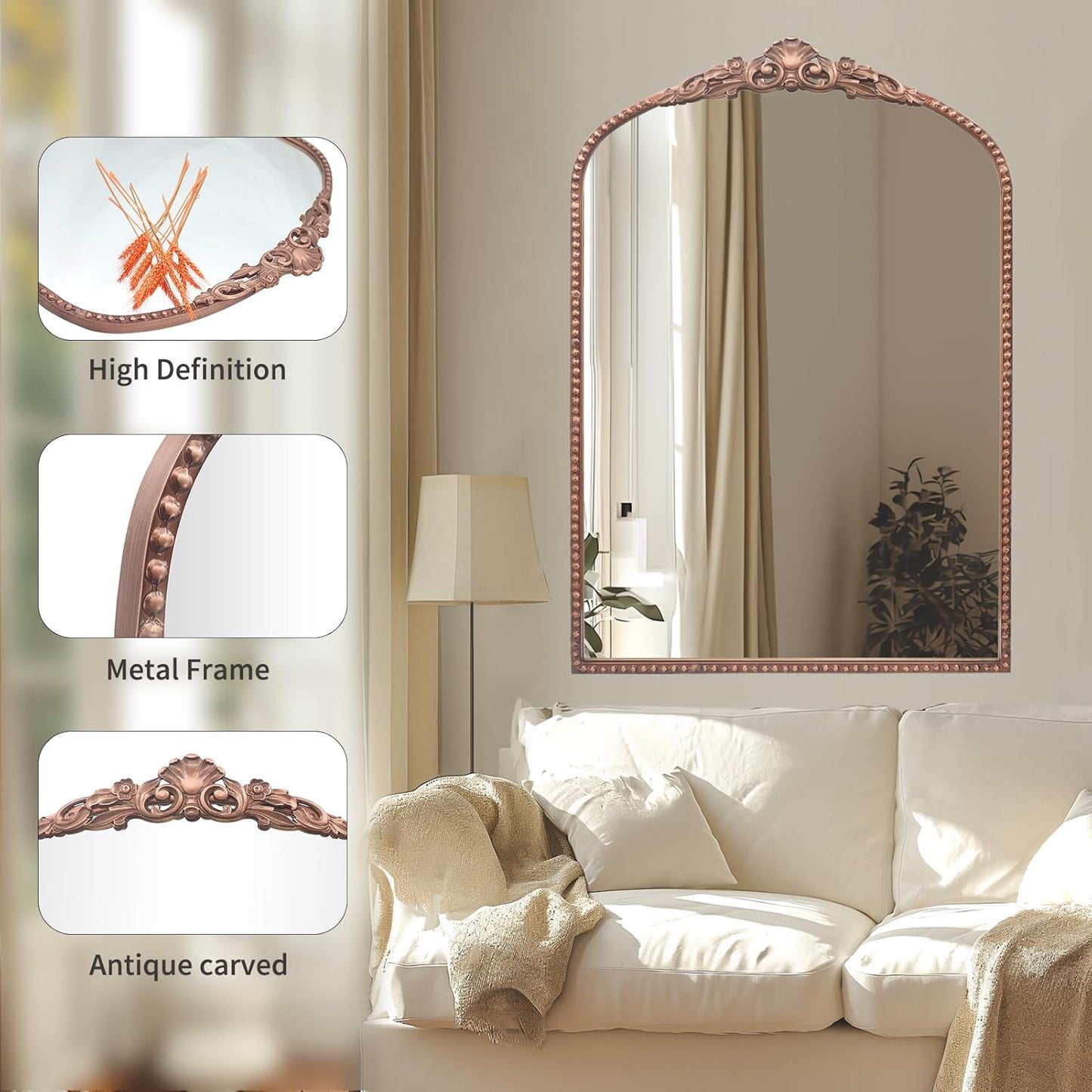 G-LEAF Vintage Baroque Mirror 24"X36", Arched Mantel Victorian Antique Farmhouse Mirror with Ornate Metal Frame for Fireplace Entryway Living Room Hallway Bathroom