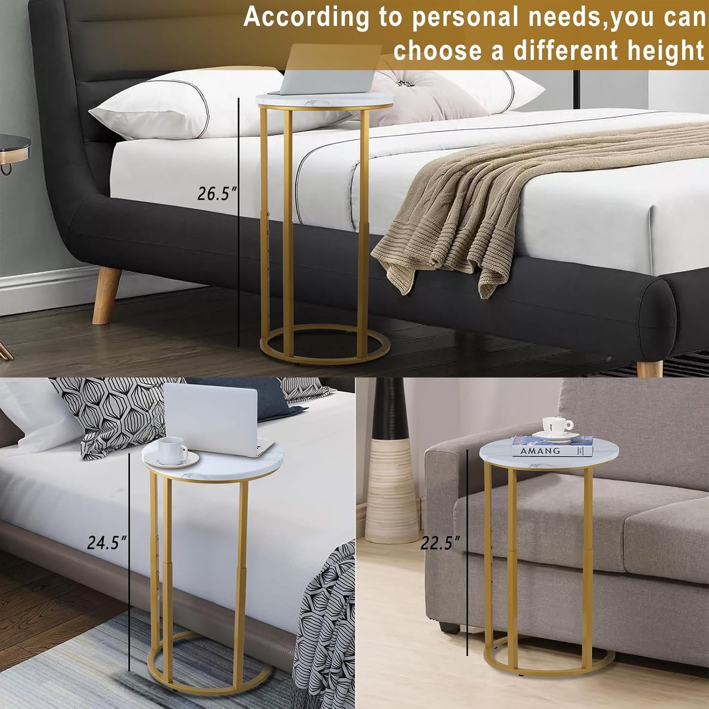 Serteaw C-Shaped End Table, Sturdy Side Table for Couch Sofa Bedside Small Space,C Snack Table TV Tray Record Player Stand Small Tables for Living Room Bedroom,Easy to Assemble,Gold