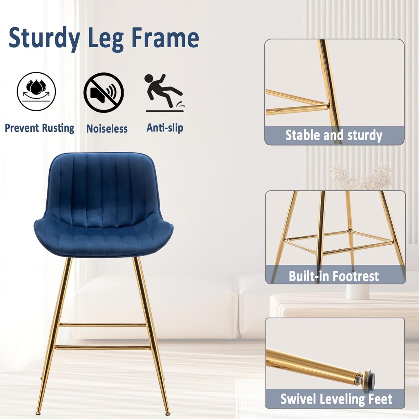 Sidanli Blue Bar Stools Set of 2, 24 Inch Velvet Counter Height Bar Stools with Footrests, Modern Bar Chairs for Home, Kitchen Island, Dining Room