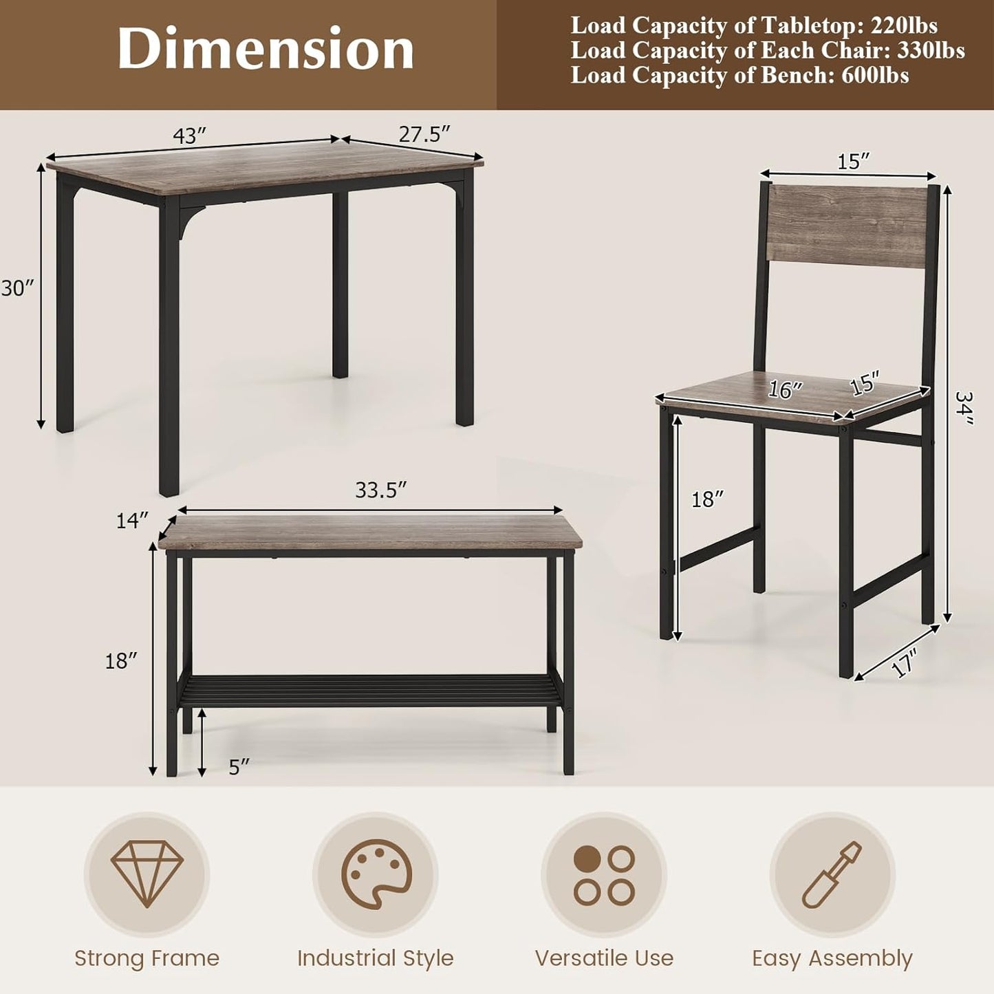 Tangkula Dining Table Set for 4, Kitchen Table and 2 Chairs for 4 with Bench, 4 Piece Dining Table Set for Small Space, Apartment