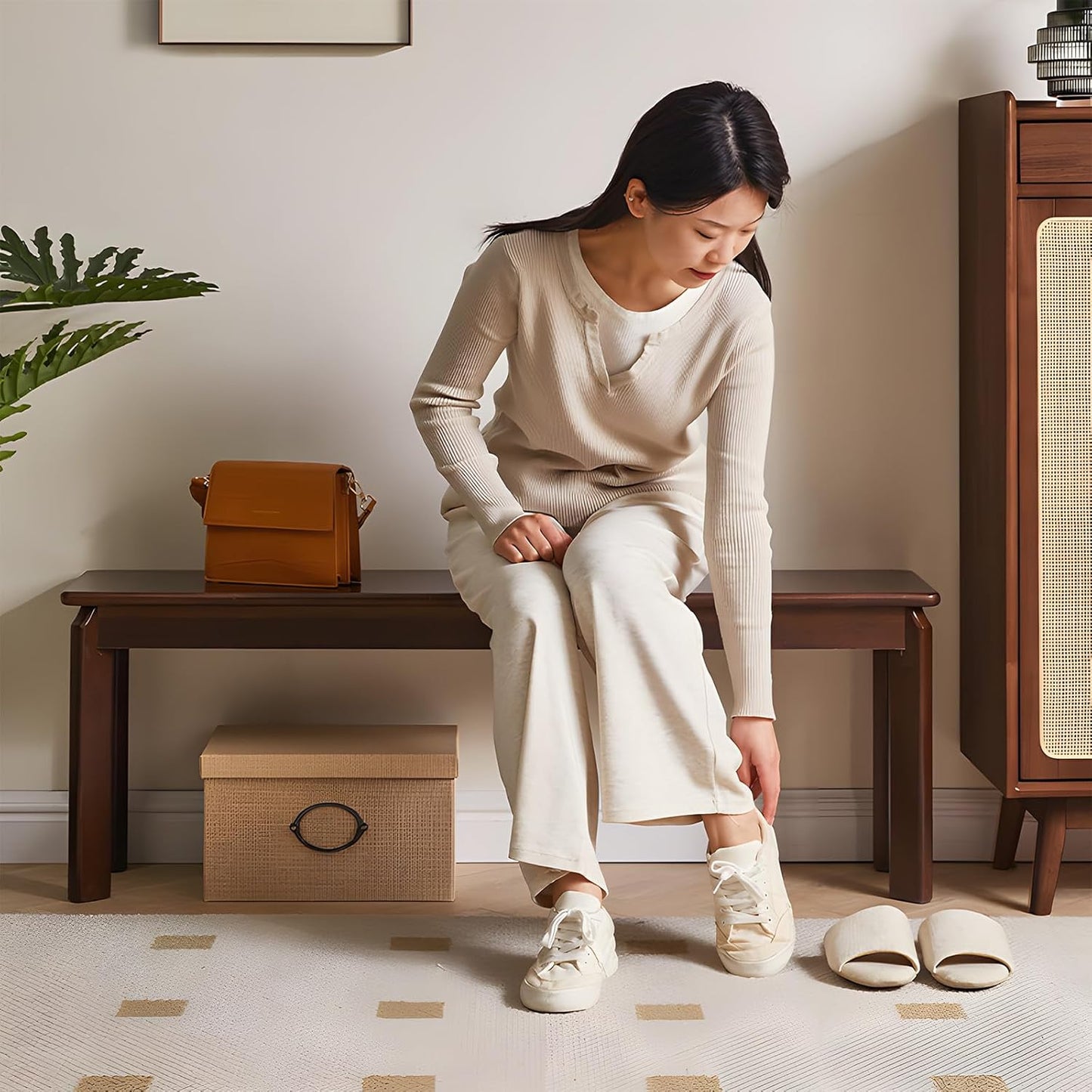 Dining Bench, Solid Wood Bench with Wide Seat, Mid Century Modern Bench, End of The Bed Bench, 47.2" L x 11" W x 16.5" H(Walnut)