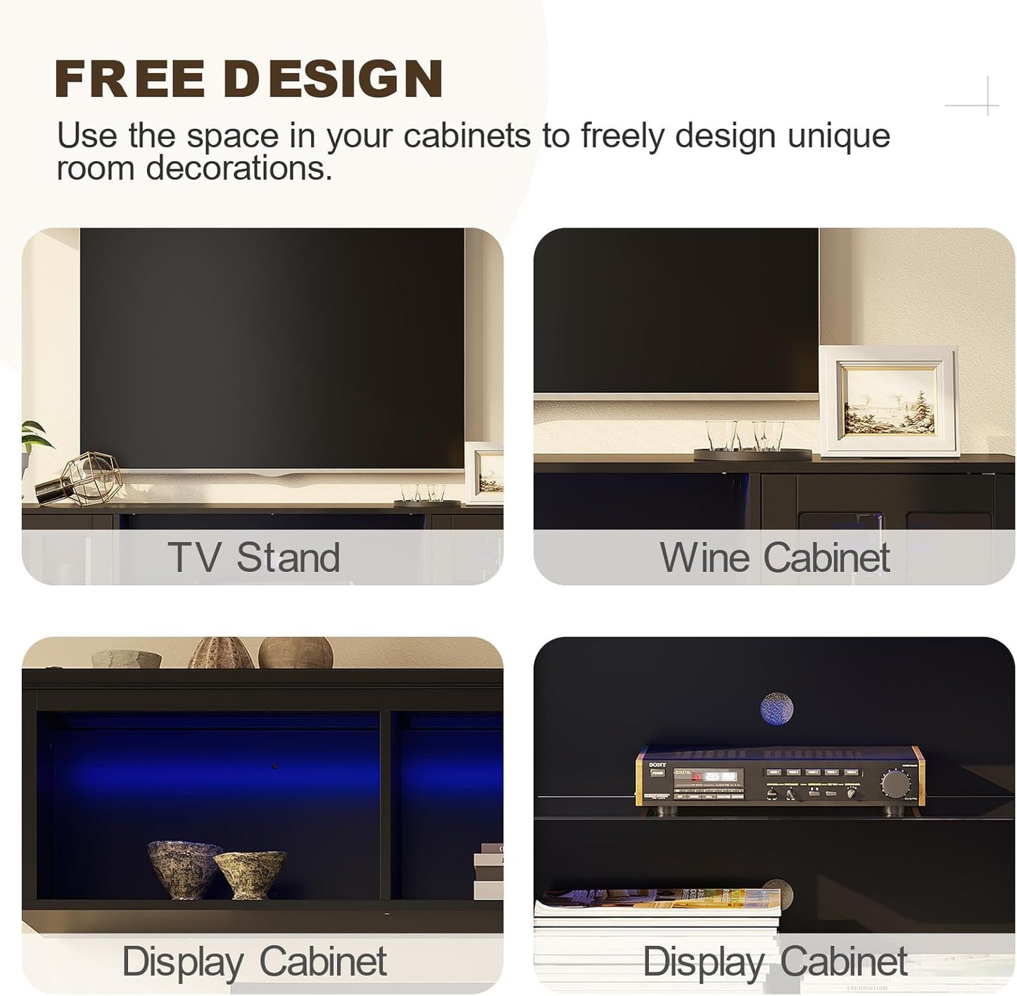 4-Piece Wall Unit TV Stand with Storage & LED Lights for TVs up to 75", Modern Entertainment Center with Bookshelves & 4-Door Pantry Cabinet, Black