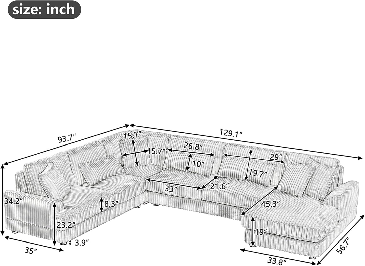 129" Oversized U Shaped Modular Sectional Sofa Couch for Living Room 7 Seater Plush Corduroy Upholstered Large Sofa Deep Seat Cloud Couch with Extra Wide Chaise Lounge and Detachable Thick Cushions