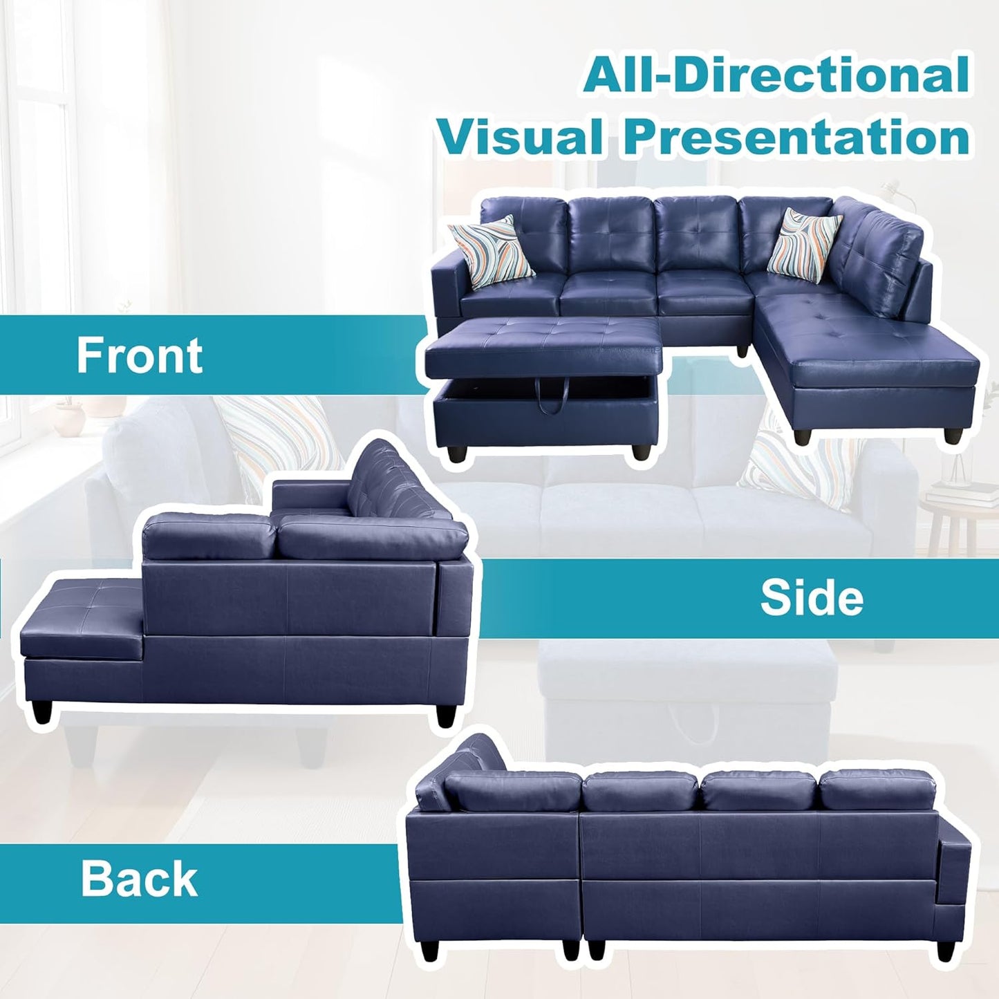 Couches for Living Room PU Leather L Shaped Couch Comfy 3 Pieces Sectional Sofa with Chaise, Ottoman with Storage for Office and Small Apartment, Blue