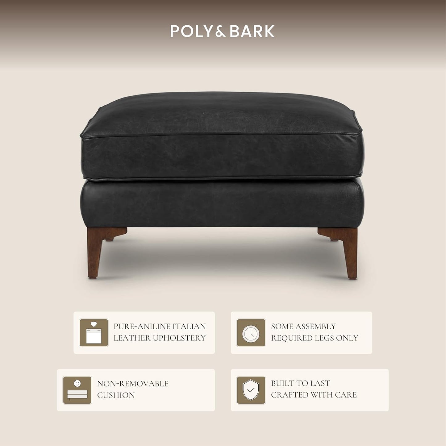 POLY & BARK Essex Ottoman - 35” Large with Feather-Down Topper - Full-Grain Leather Upholstered Ottoman - Couch for Living Room - Vintage Italian Leather in Onyx Black