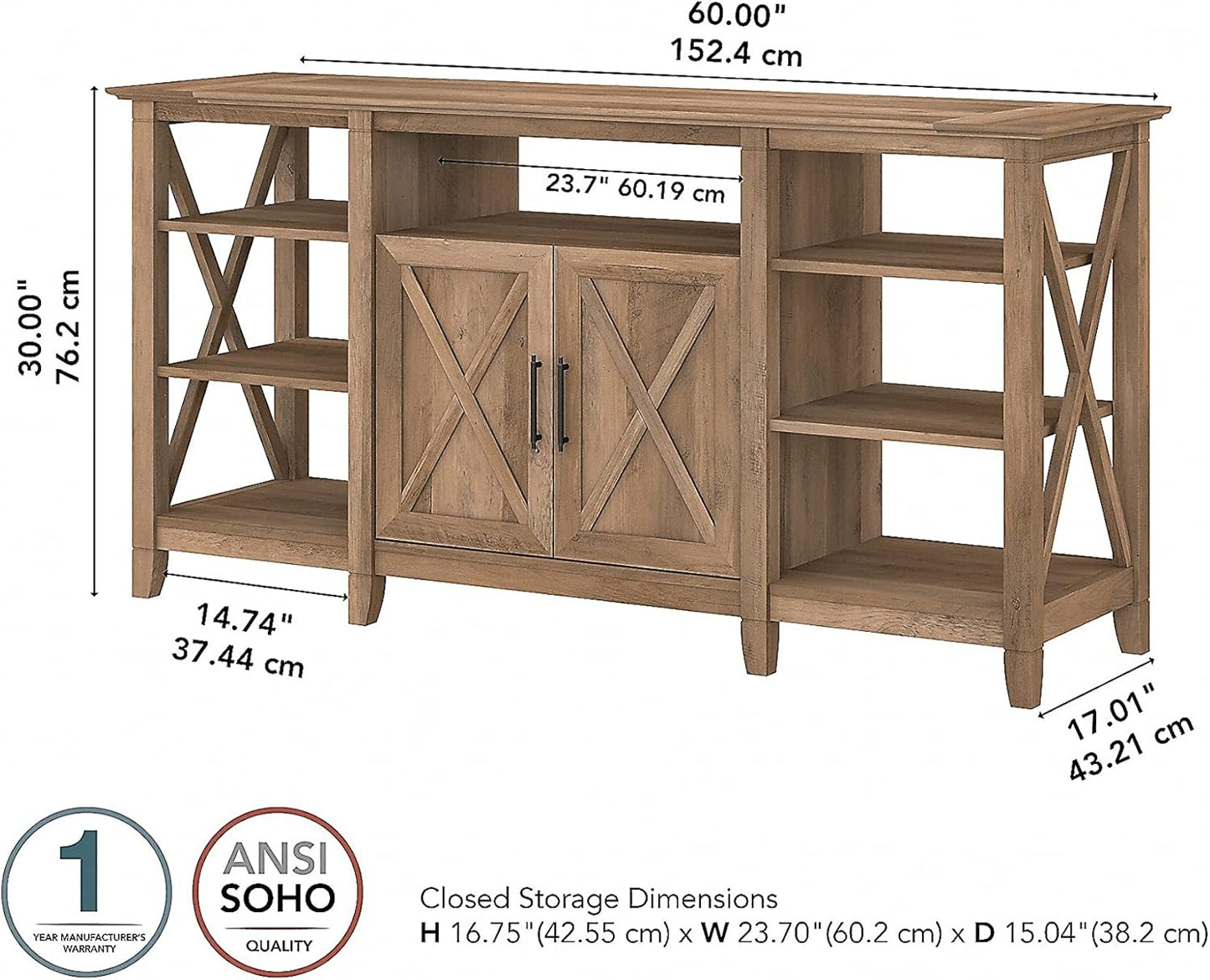 Bush Furniture Key West Tall TV Stand for 65 Inch TV in Reclaimed Pine, Farmhouse Entertainment Center with Storage
