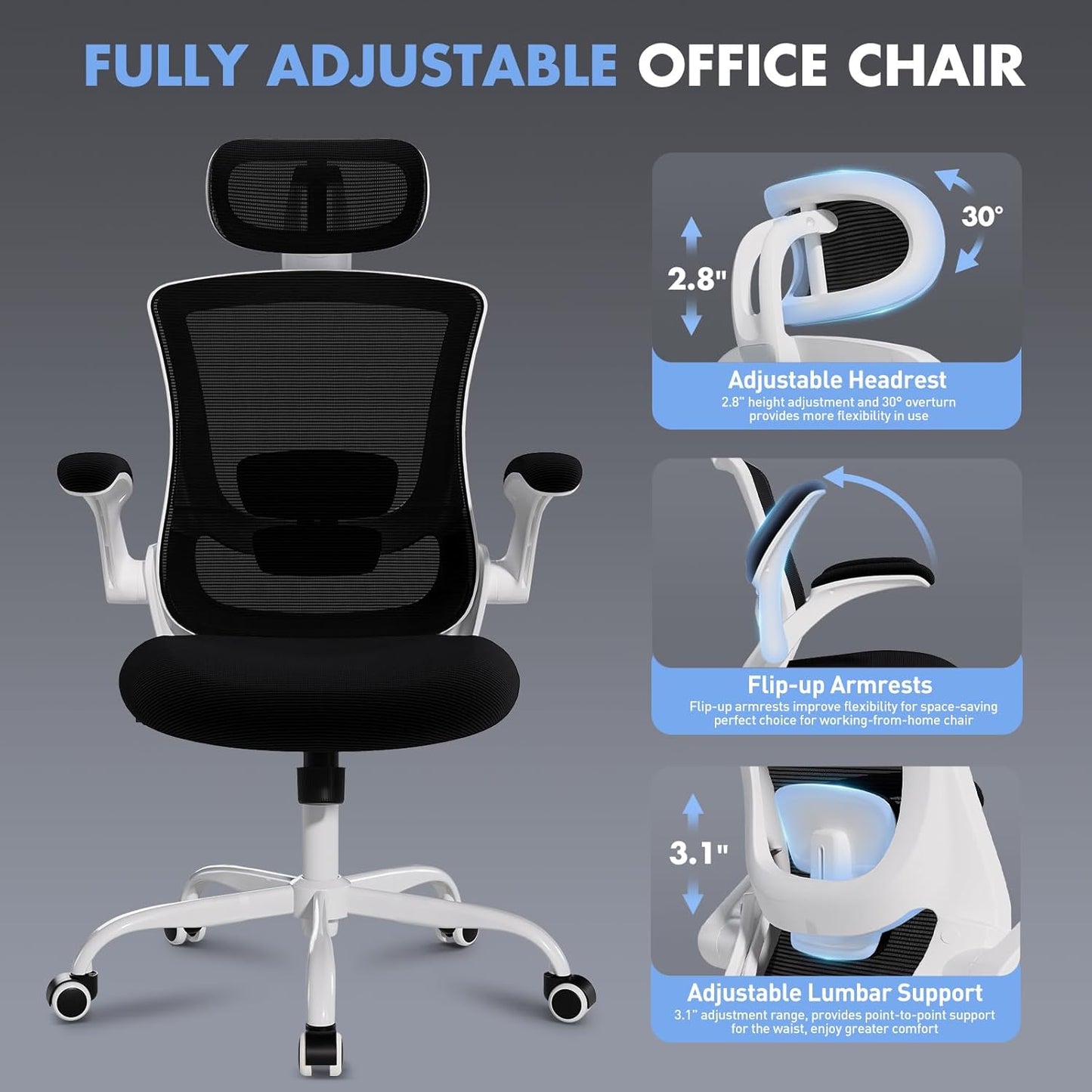 High Back Office Chair with Adjustable Lumbar Support & Headrest, Ergonomic Mesh Desk Chair with Flip-Up Armrests, Breathable & Comfortable Computer Chair for Home, Office & Study, Black