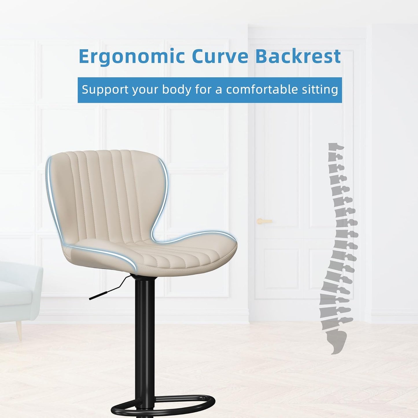 Shintenchi Bar Stools Set of 4 Modern Swivel Bar Chairs, Counter Height Faux Leather Metal Barstools, Upholstered Island Chairs with Back and Footrest, Beige