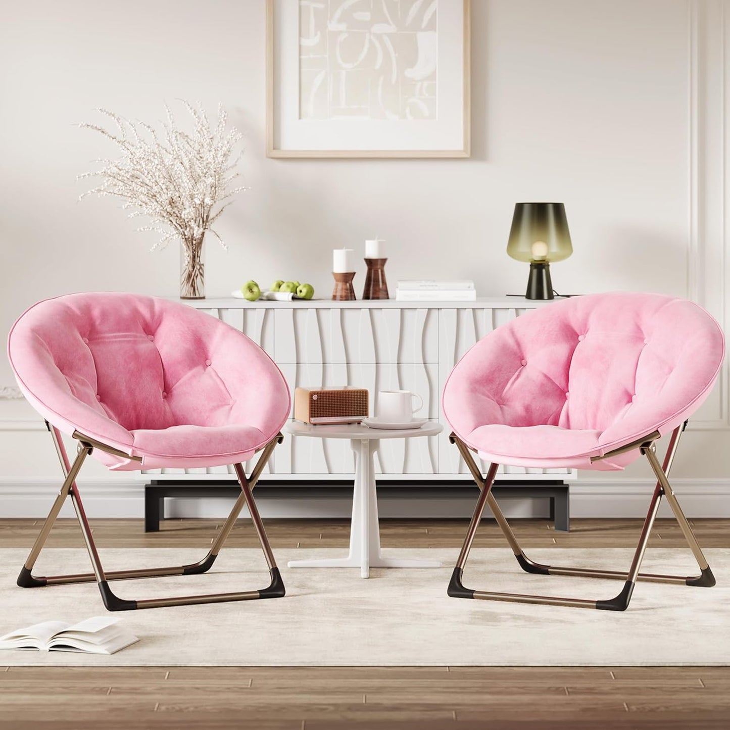 Comfy Saucer Chairs, Pink Folding Reading Lounge Chair, Cozy Faux Fur Living Room Chair with Soft Thick Padded Seat & Metal Frame, Modern Style Bedroom Home for Kids Adults, X-Large, Gold Legs