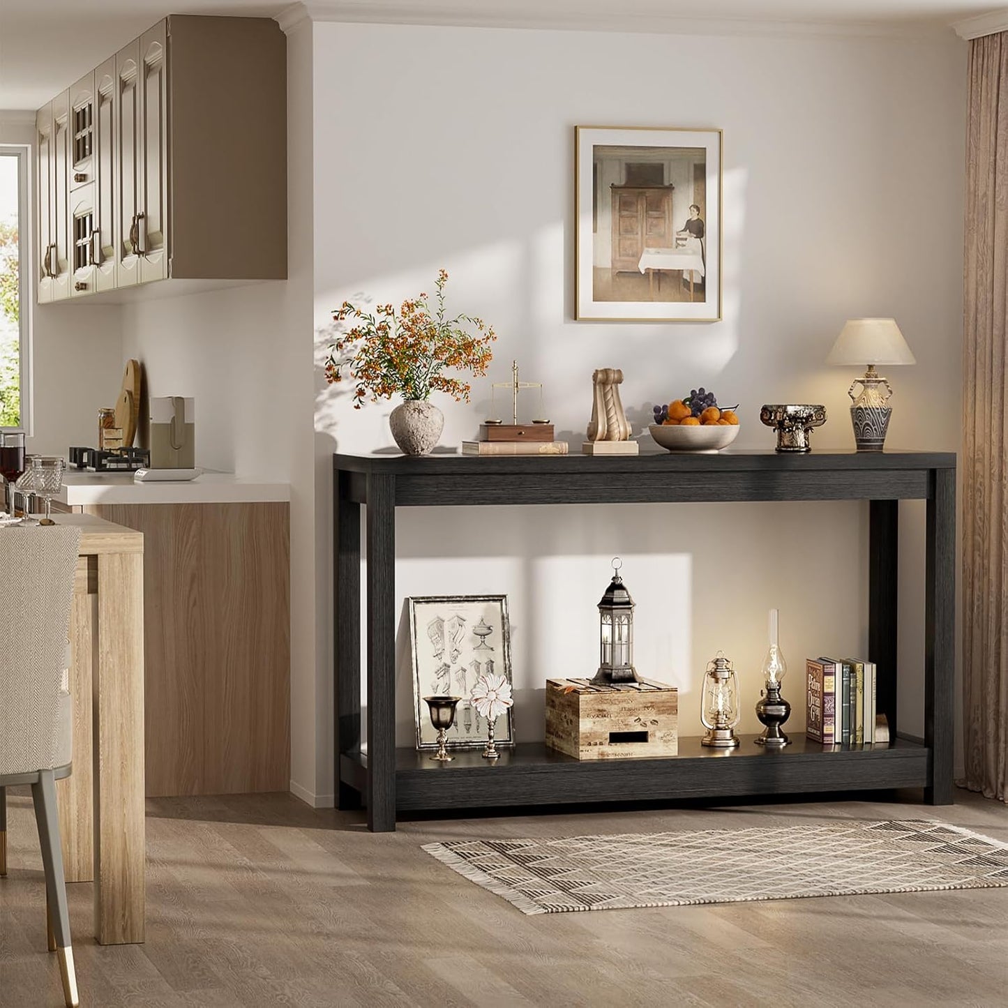 47" Farmhouse Wood Entryway Table Narrow Console Table with Storage Behind Couch Sofa Table with Shelves for Entry Way with Open Storage, Easy Assembly, Embossed Wood Grain Black