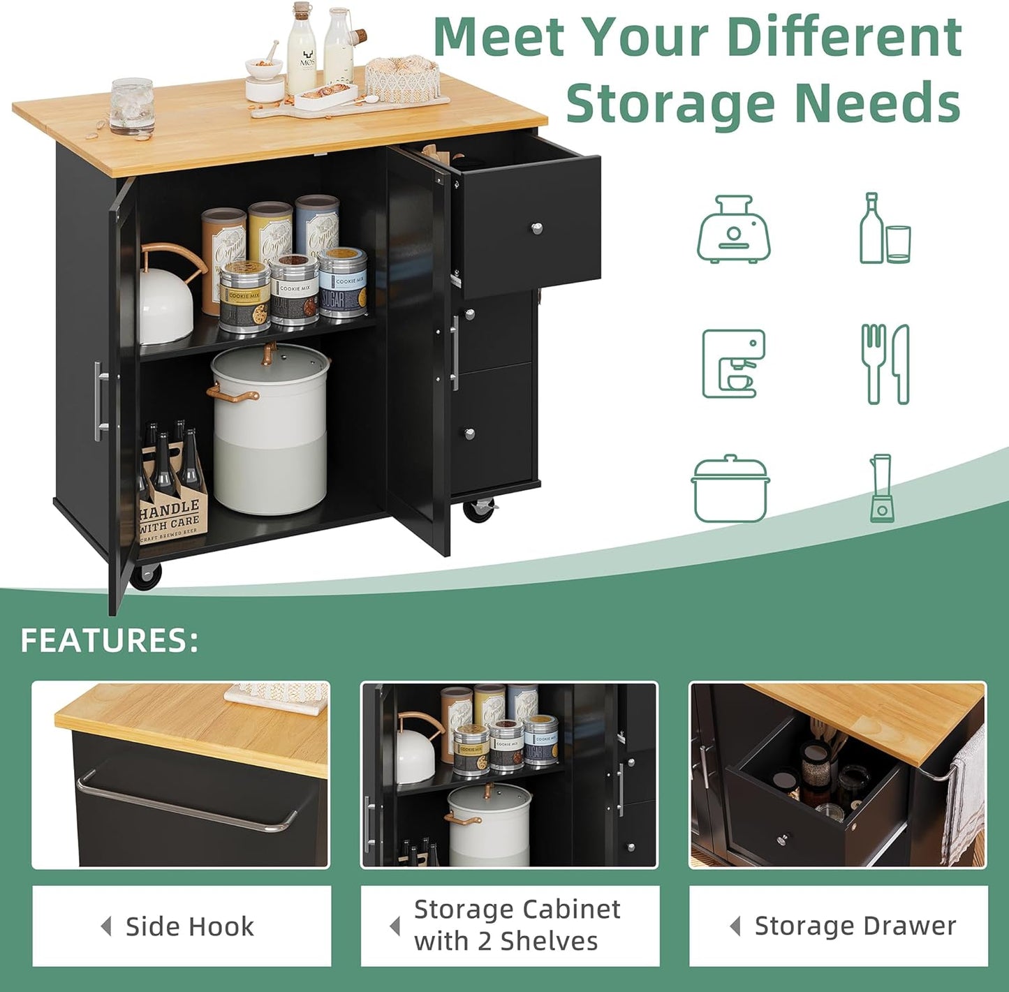 Shintenchi Rolling Kitchen Island Cart with Folding Drop Leaf Breakfast Bar, Portable Trolley Island with Large Storage Cabinet, Shelf and Drawer, Black