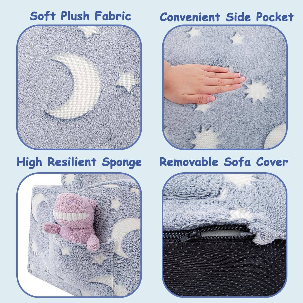 Kids Toddler Chair, 2-in-1 Toddler Couch Fold Out, Convertible Chairs for Toddlers Comfy Sofa to Lounger with Glow in The Dark Feature, Soft for Girls and Boys