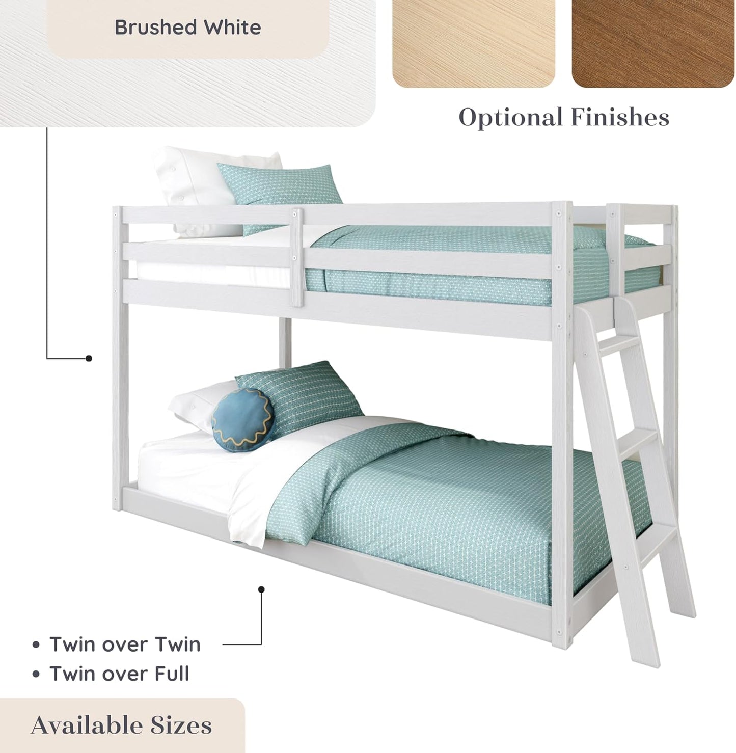 Grain & Grove Bear Twin Over Twin Bunk Bed, Low Bunk Bed Frame for Kids, Bunk with Ladder, Guardrail, and Slats, No Box Spring Required, Brushed White