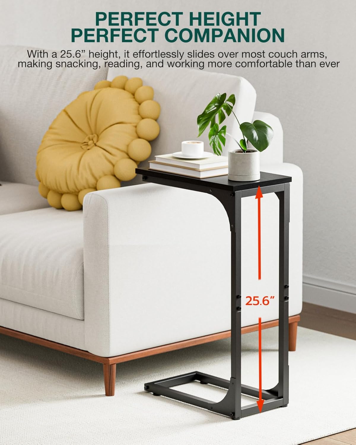C-Shaped Side Table for Couch - Small Coffee Stand Sofa Tray Desk with Sturdy Metal Frame and Waterproof Scratch Resistant Wood Surface, Modern End Accent for Living Room, Bedroom, Black