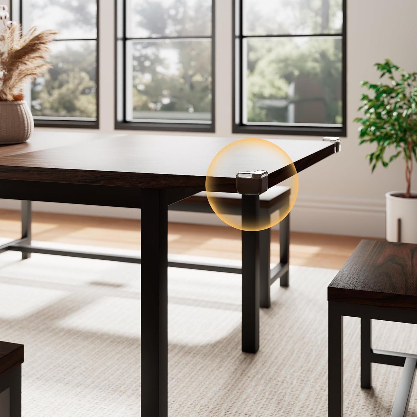 5 Pieces Dining Room Table Set for 4-6, 63' Extendable Kitchen Table Set with 2 Benches & 2 Stools, Small Dining Table Set with Metal Frame & MDF Board, Espresso